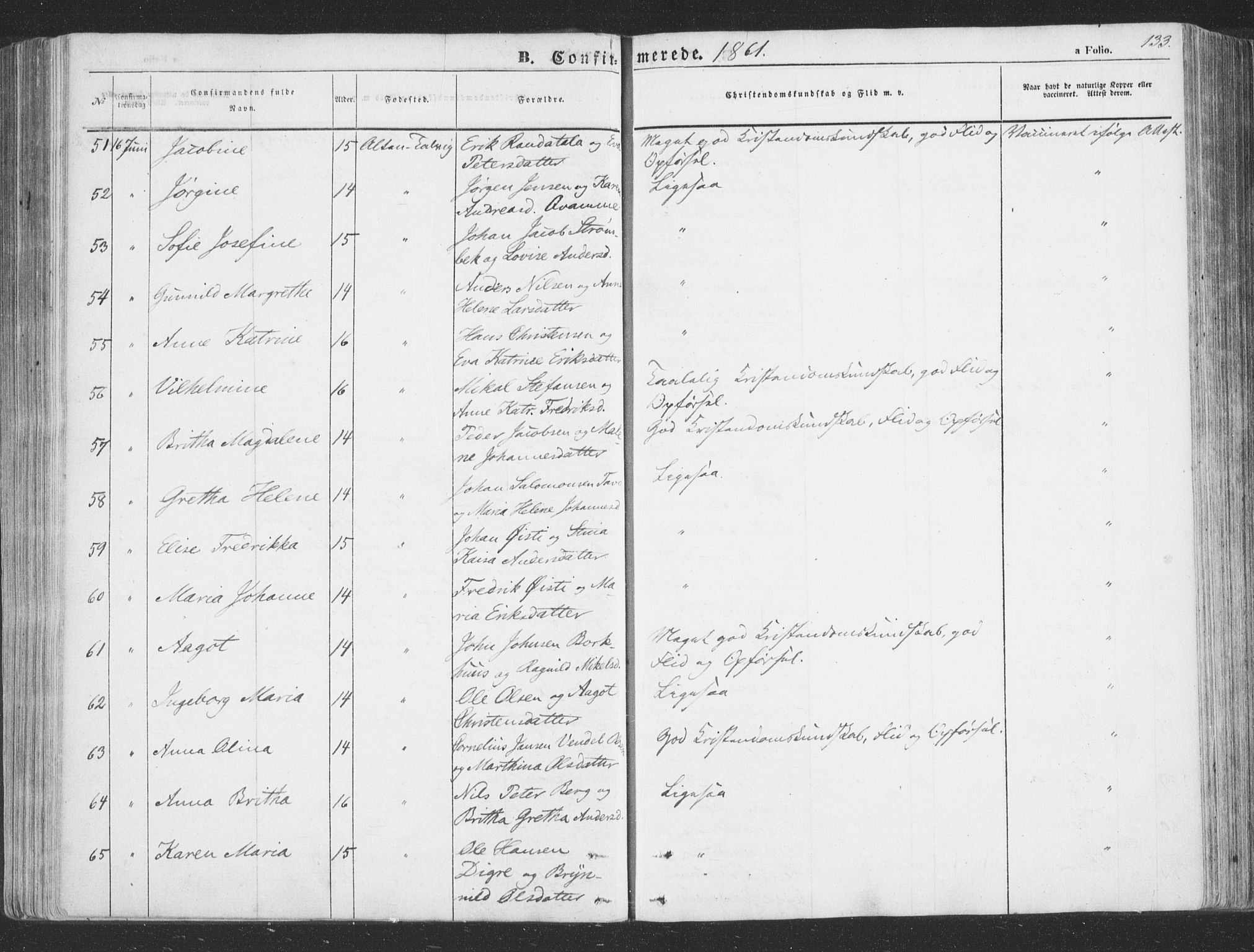 Talvik sokneprestkontor, AV/SATØ-S-1337/H/Ha/L0010kirke: Parish register (official) no. 10, 1852-1864, p. 133