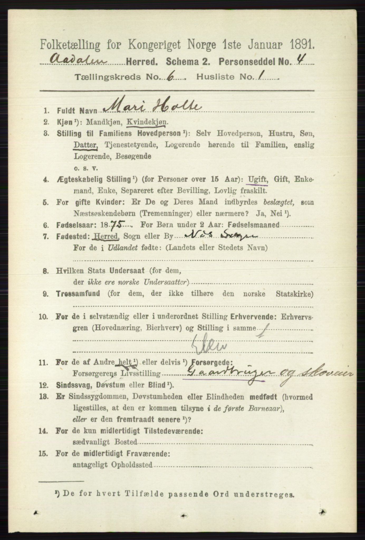 RA, 1891 census for 0614 Ådal, 1891, p. 2610