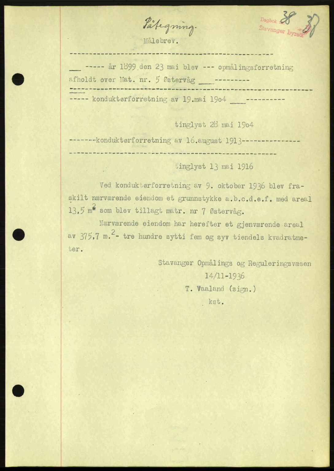 Stavanger byrett, SAST/A-100455/002/G/Gb/L0012: Mortgage book no. A2, 1936-1937, Diary no: : 38/1937