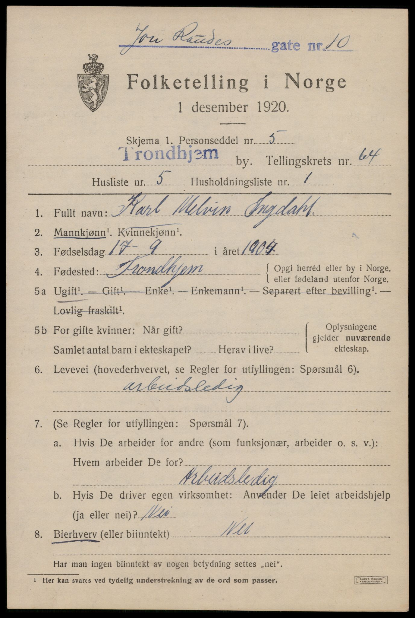 SAT, 1920 census for Trondheim, 1920, p. 127598