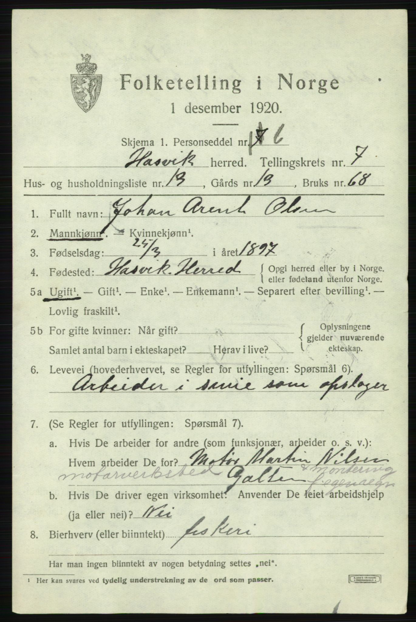 SATØ, 1920 census for Hasvik, 1920, p. 3035