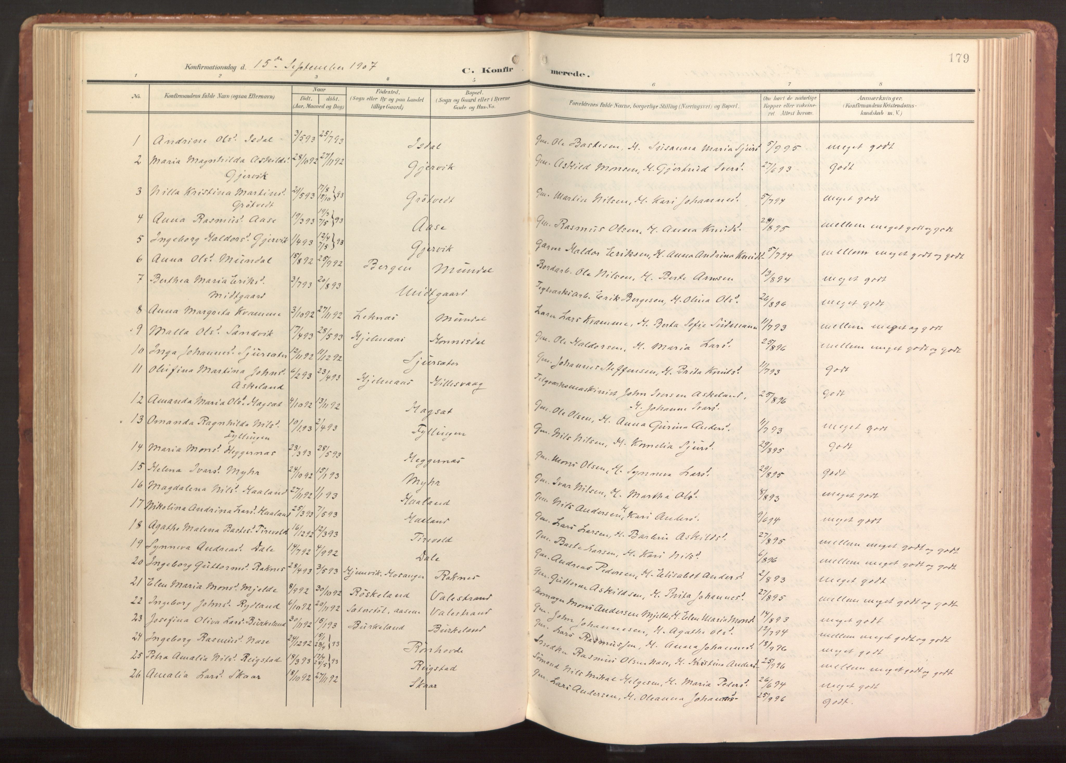 Hamre sokneprestembete, AV/SAB-A-75501/H/Ha/Haa/Haab/L0002: Parish register (official) no. B 2, 1905-1924, p. 179