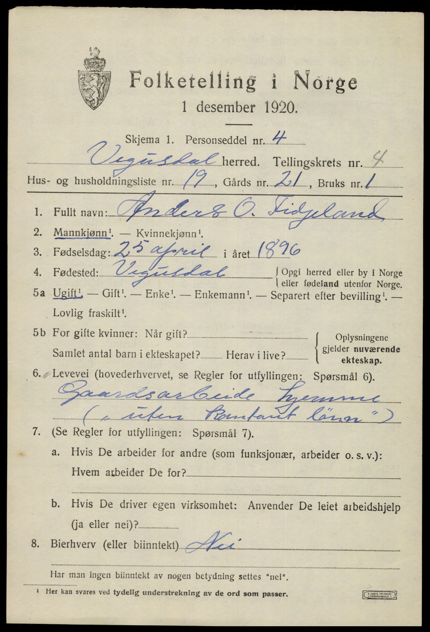 SAK, 1920 census for Vegusdal, 1920, p. 1269