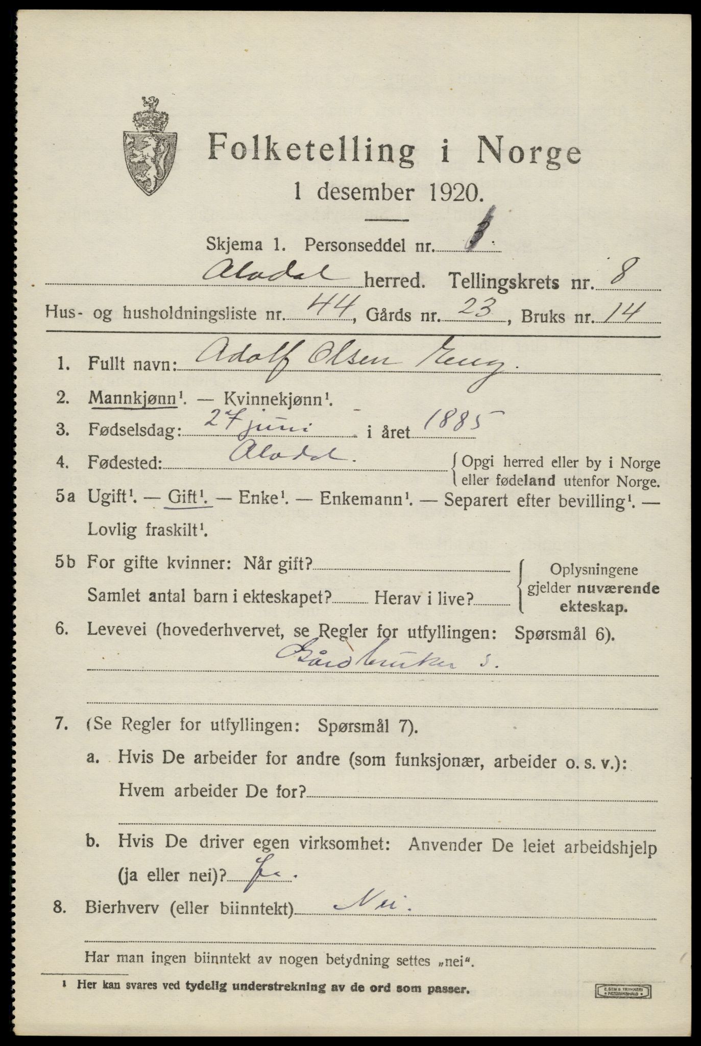 SAH, 1920 census for Alvdal, 1920, p. 4896