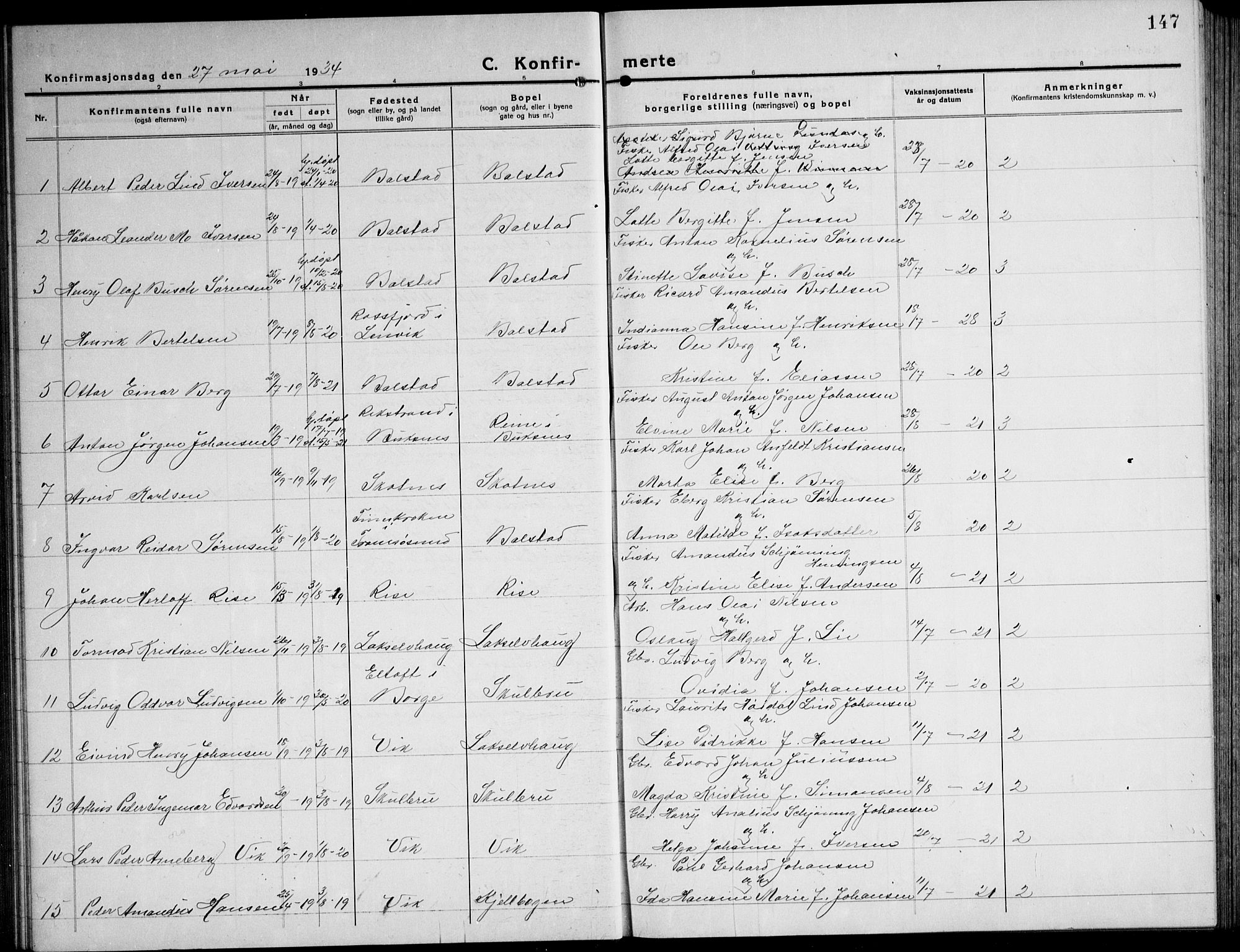 Ministerialprotokoller, klokkerbøker og fødselsregistre - Nordland, AV/SAT-A-1459/881/L1170: Parish register (copy) no. 881C07, 1930-1943, p. 147