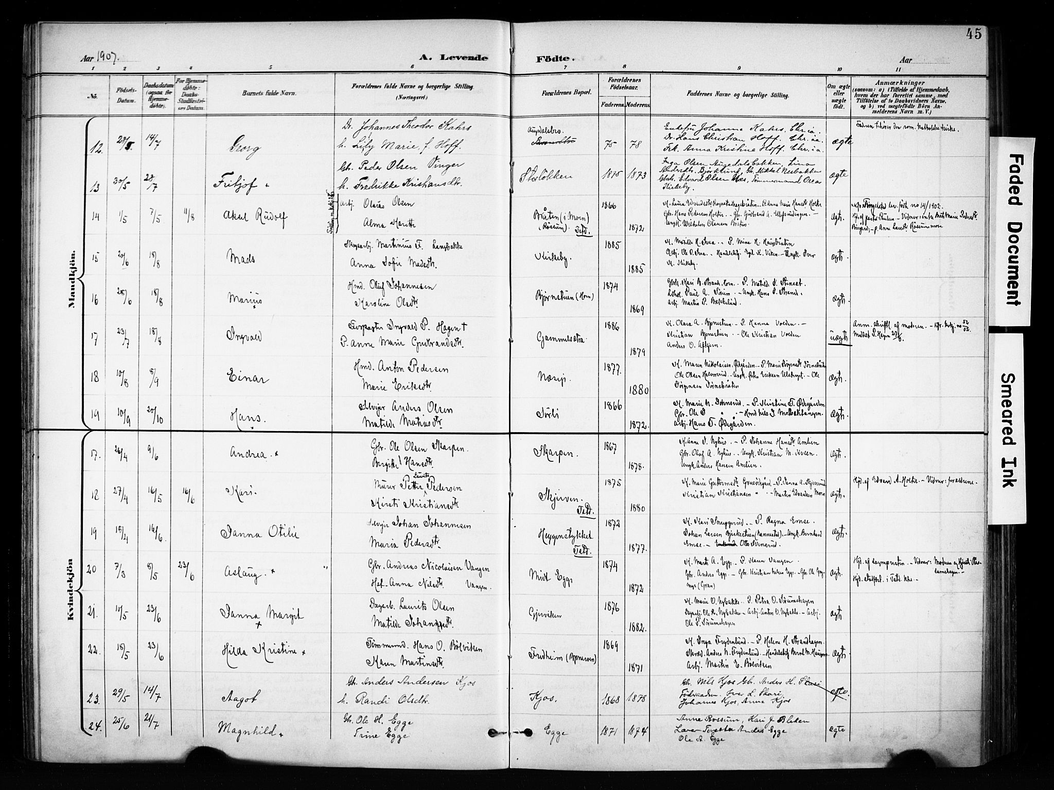 Brandbu prestekontor, SAH/PREST-114/H/Ha/Haa/L0001: Parish register (official) no. 1, 1900-1912, p. 45