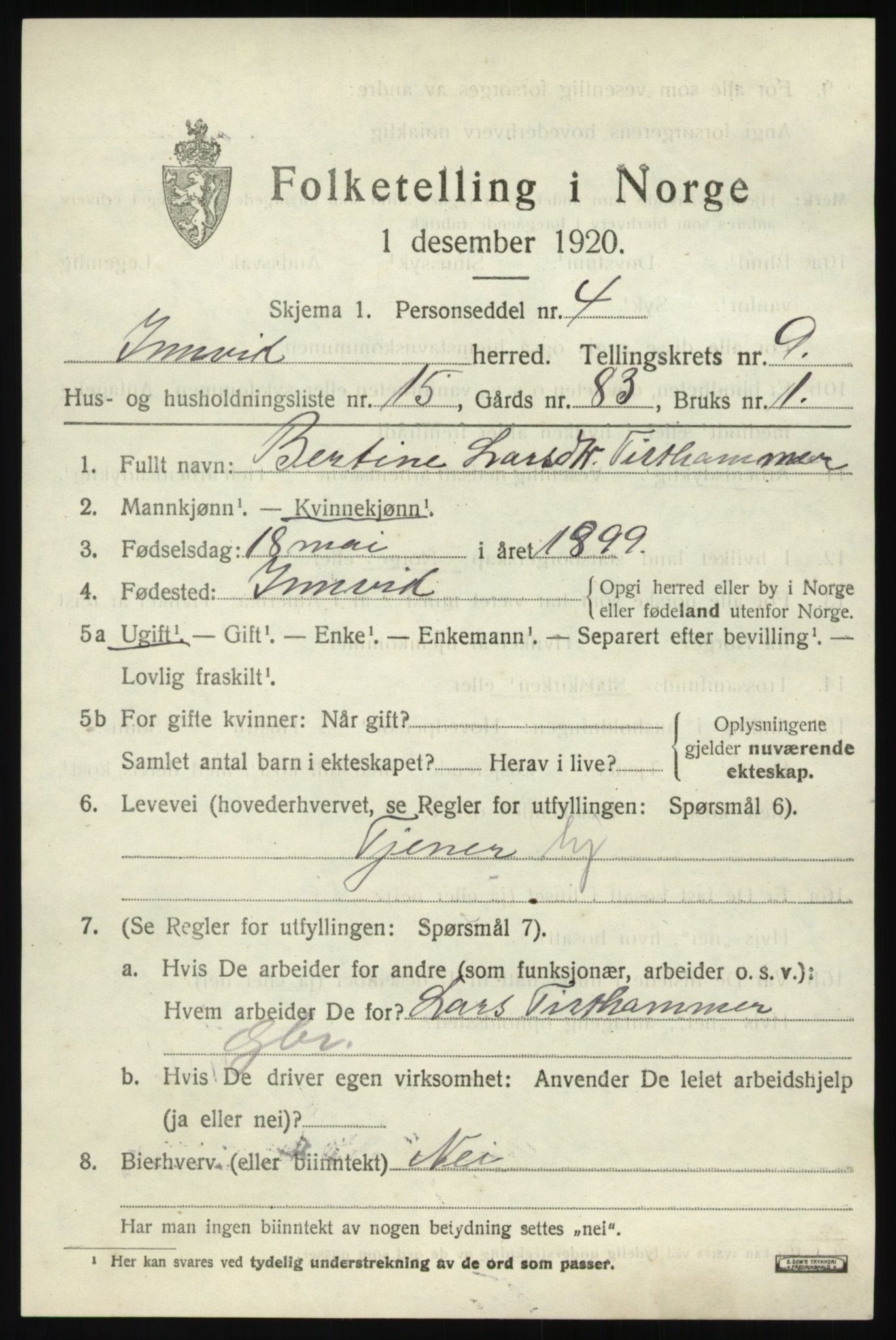 SAB, 1920 census for Innvik, 1920, p. 4093