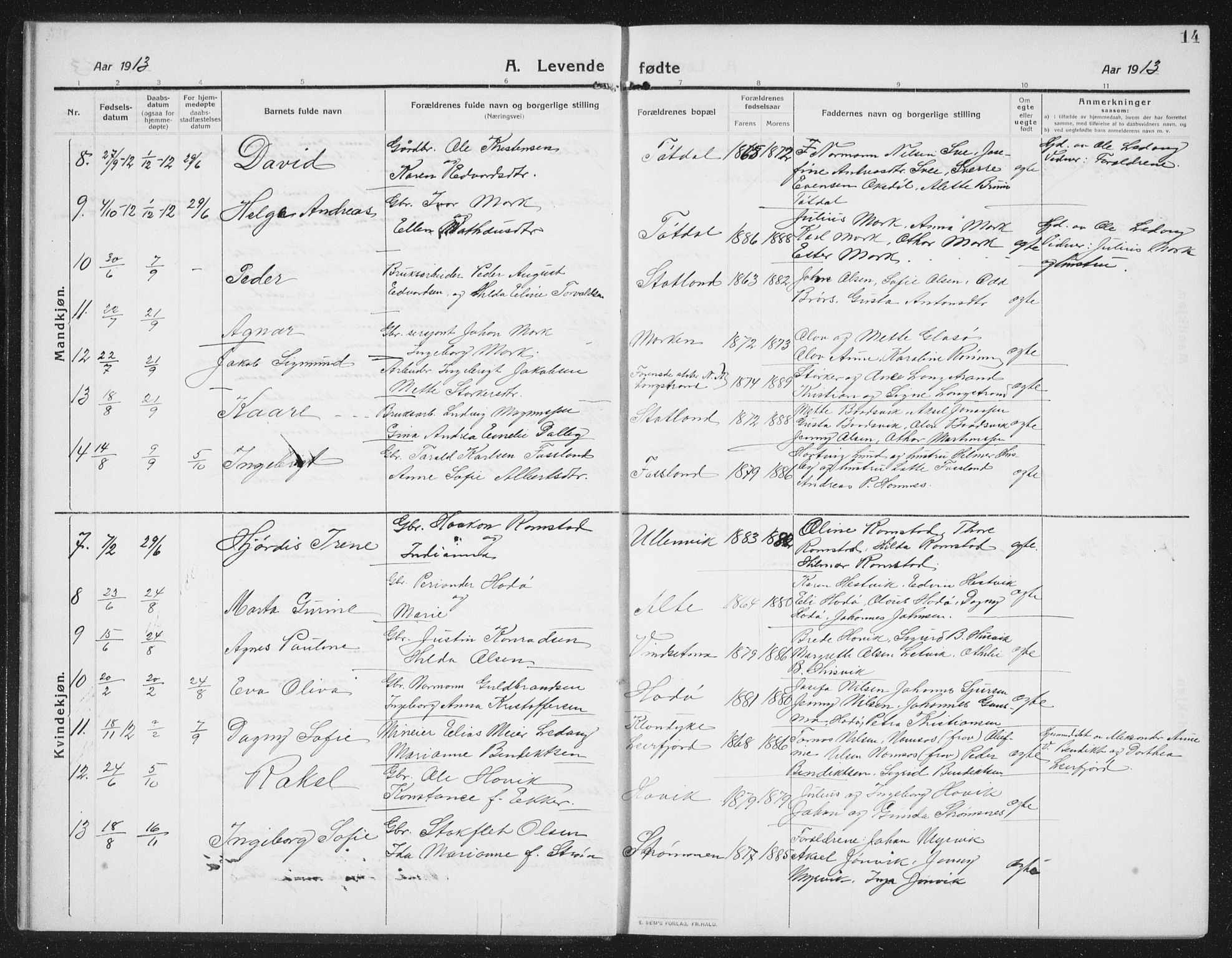 Ministerialprotokoller, klokkerbøker og fødselsregistre - Nord-Trøndelag, SAT/A-1458/774/L0630: Parish register (copy) no. 774C01, 1910-1934, p. 14