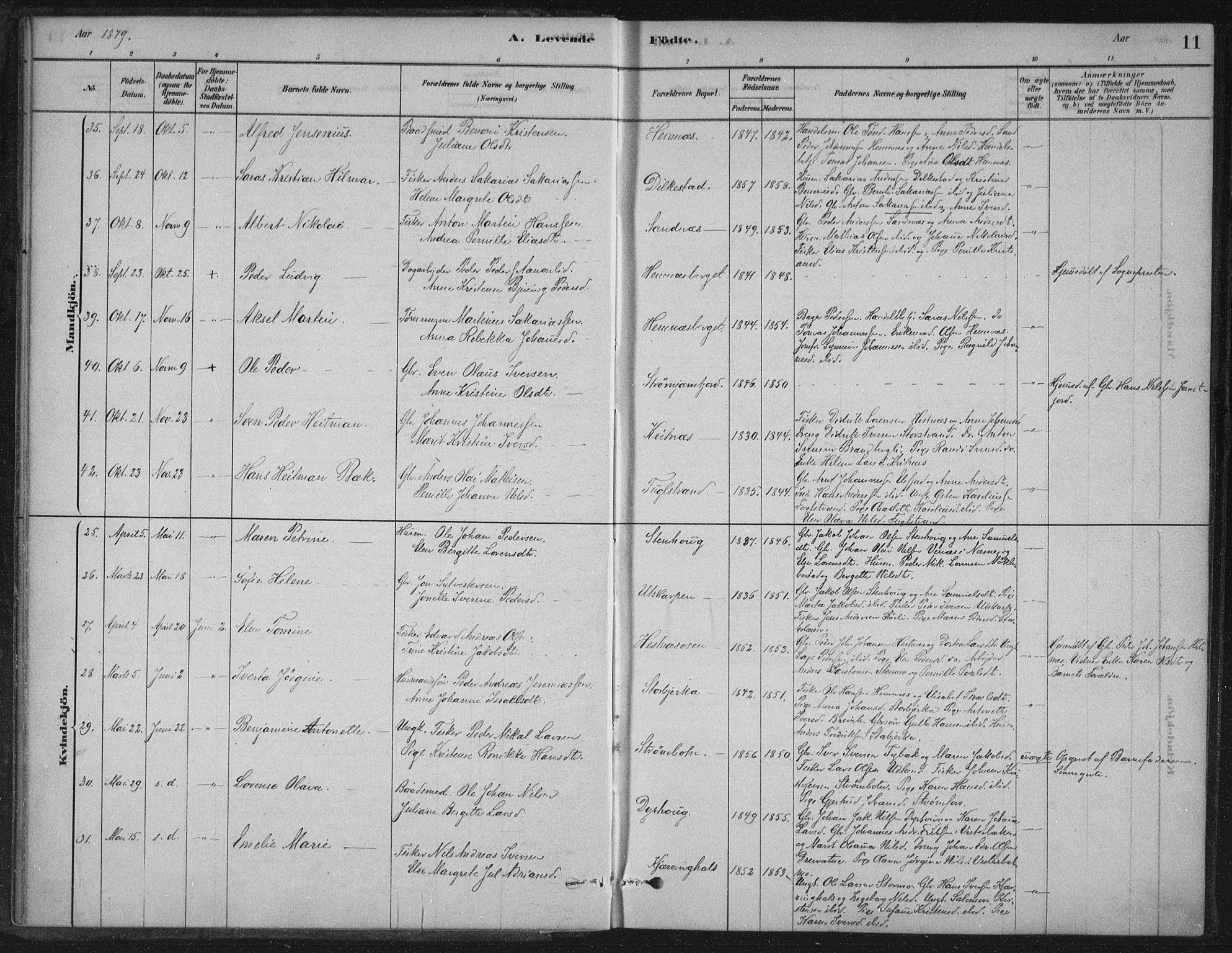 Ministerialprotokoller, klokkerbøker og fødselsregistre - Nordland, AV/SAT-A-1459/825/L0361: Parish register (official) no. 825A15, 1878-1893, p. 11