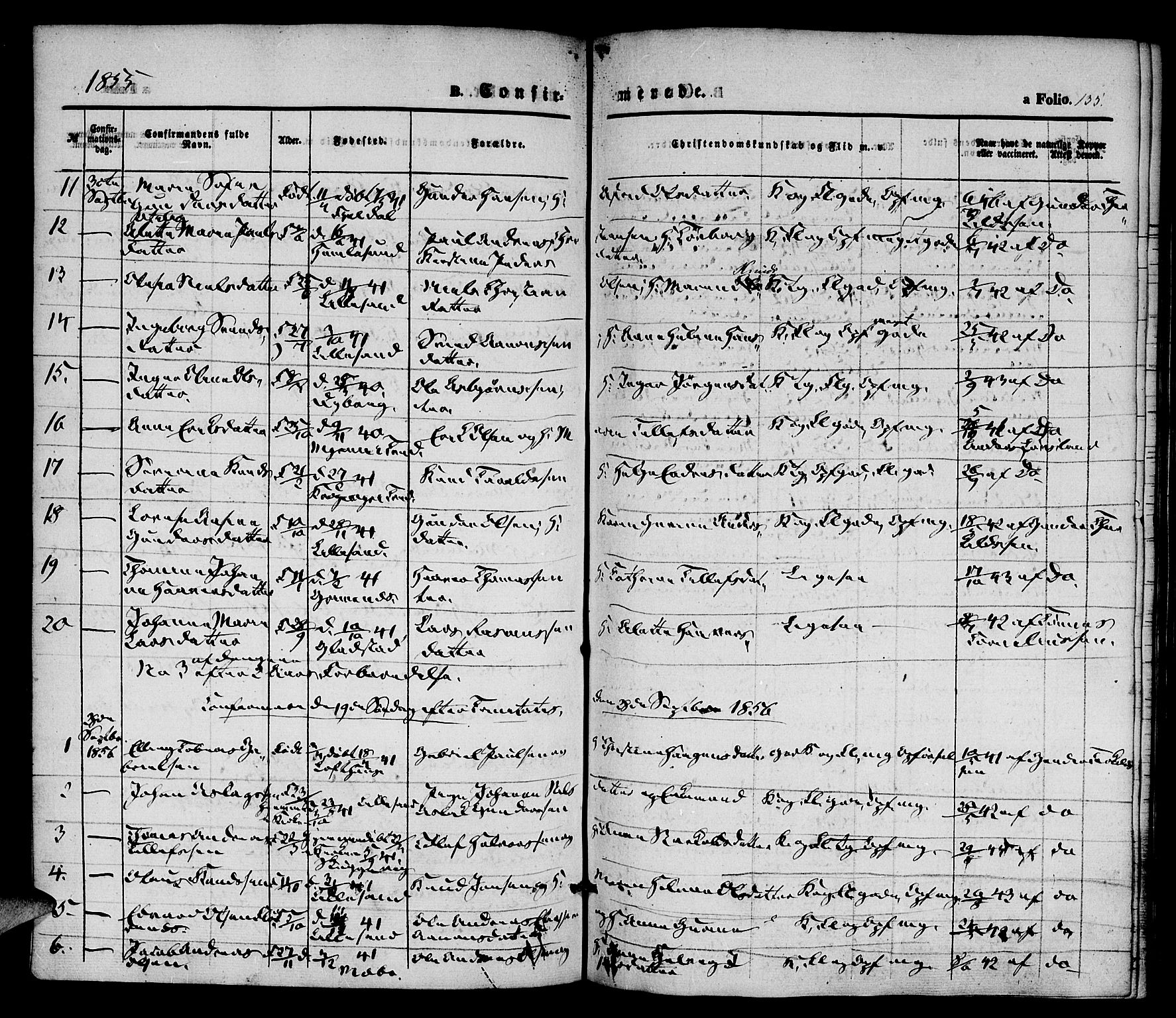 Vestre Moland sokneprestkontor, SAK/1111-0046/F/Fa/Fab/L0006: Parish register (official) no. A 6, 1850-1858, p. 135