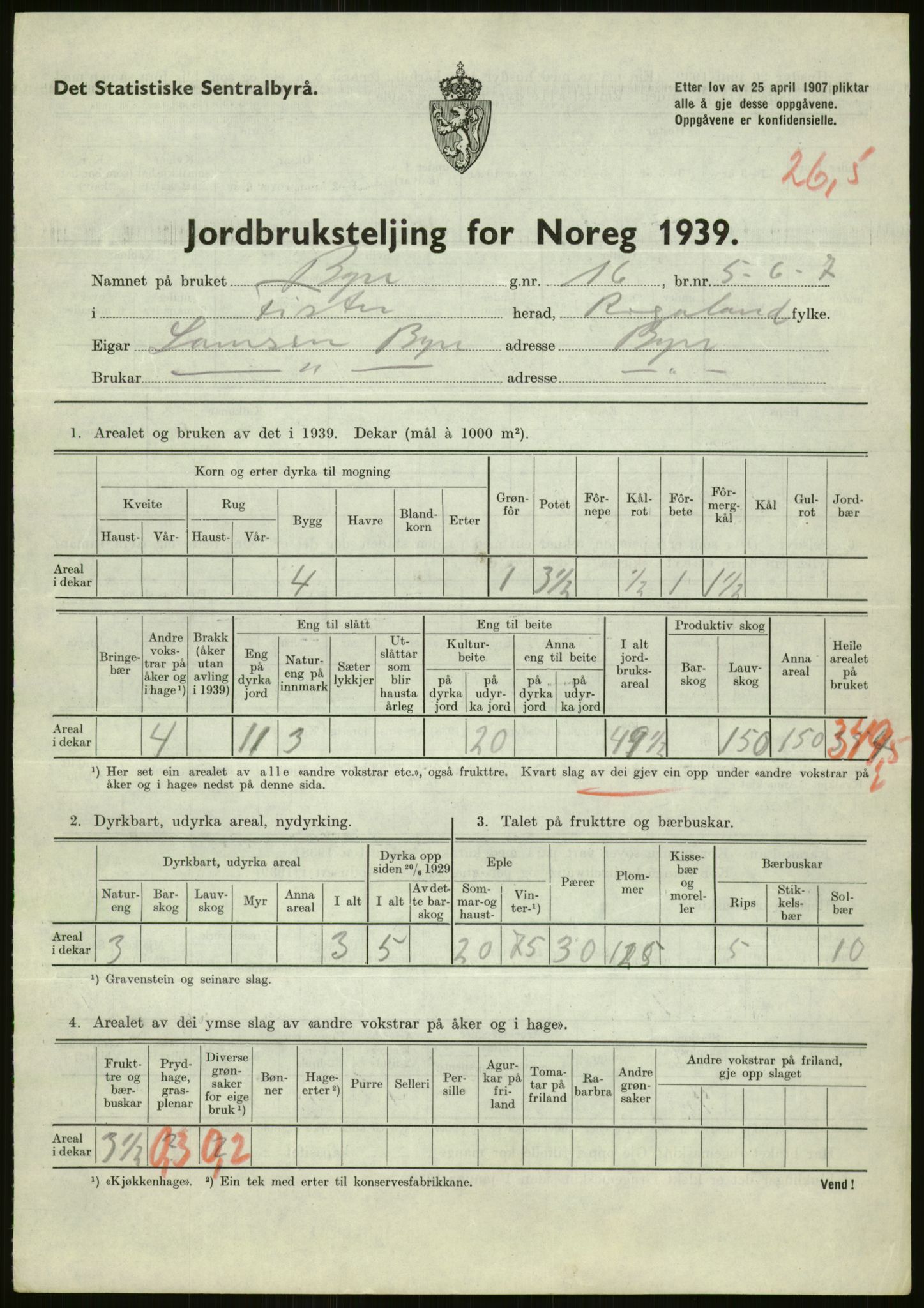 Statistisk sentralbyrå, Næringsøkonomiske emner, Jordbruk, skogbruk, jakt, fiske og fangst, AV/RA-S-2234/G/Gb/L0184: Rogaland: Årdal, Fister og Hjelmeland, 1939, p. 271