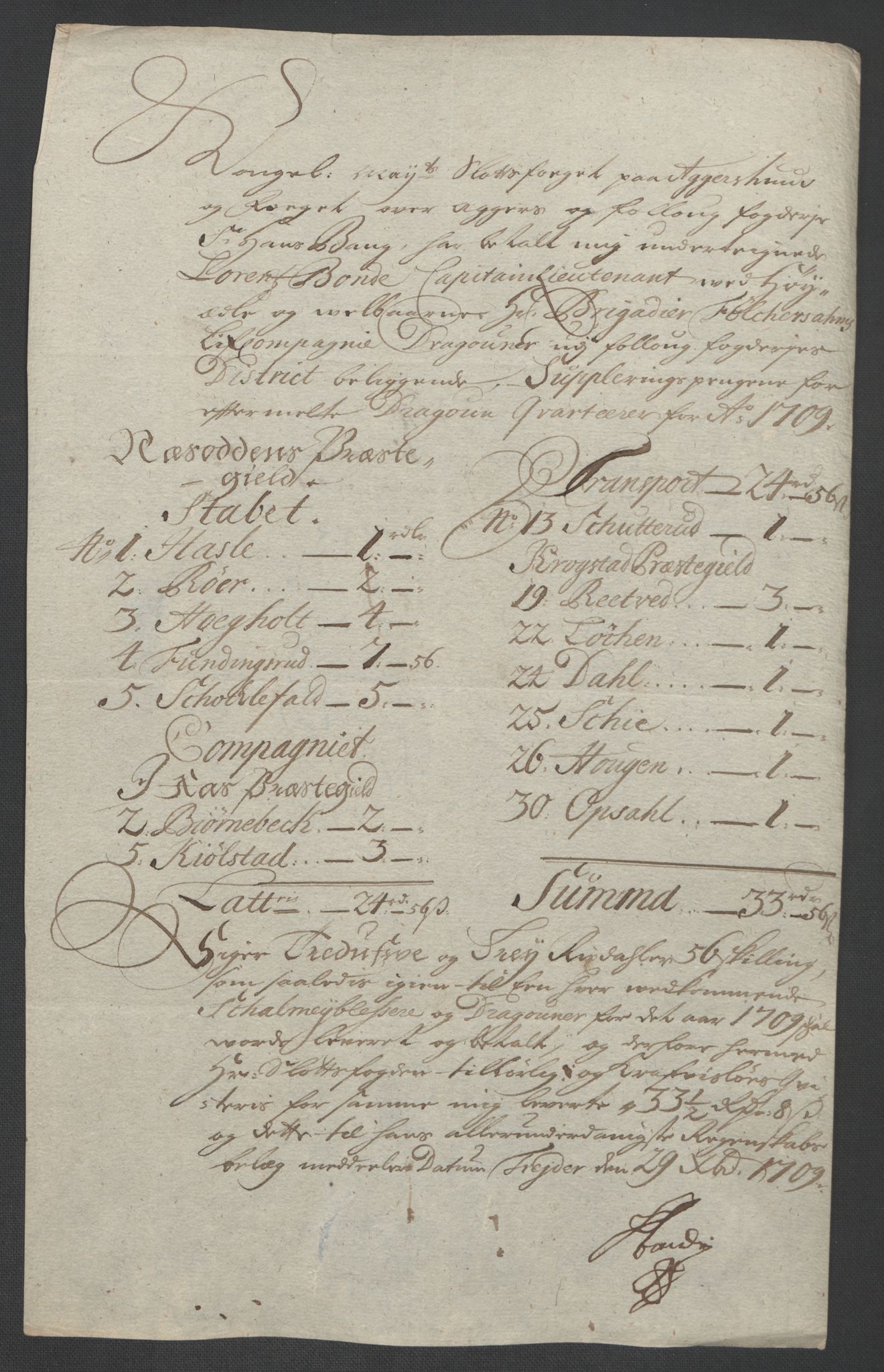 Rentekammeret inntil 1814, Reviderte regnskaper, Fogderegnskap, AV/RA-EA-4092/R10/L0447: Fogderegnskap Aker og Follo, 1707-1709, p. 527