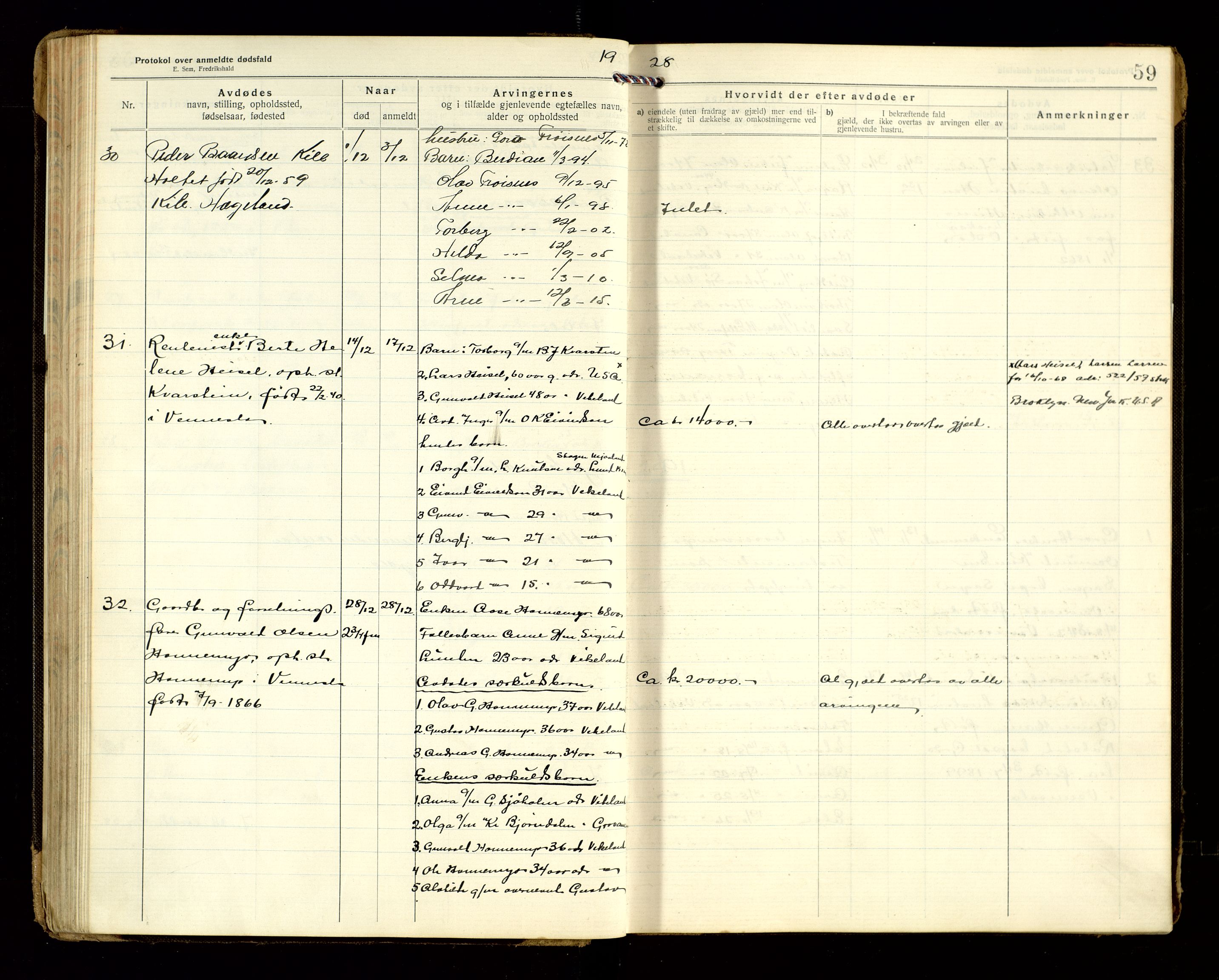 Vennesla og Iveland lensmannskontor, AV/SAK-1241-0050/F/Fe/L0001: Dødsfallsprotokoll nr 7, 1920-1940, p. 59