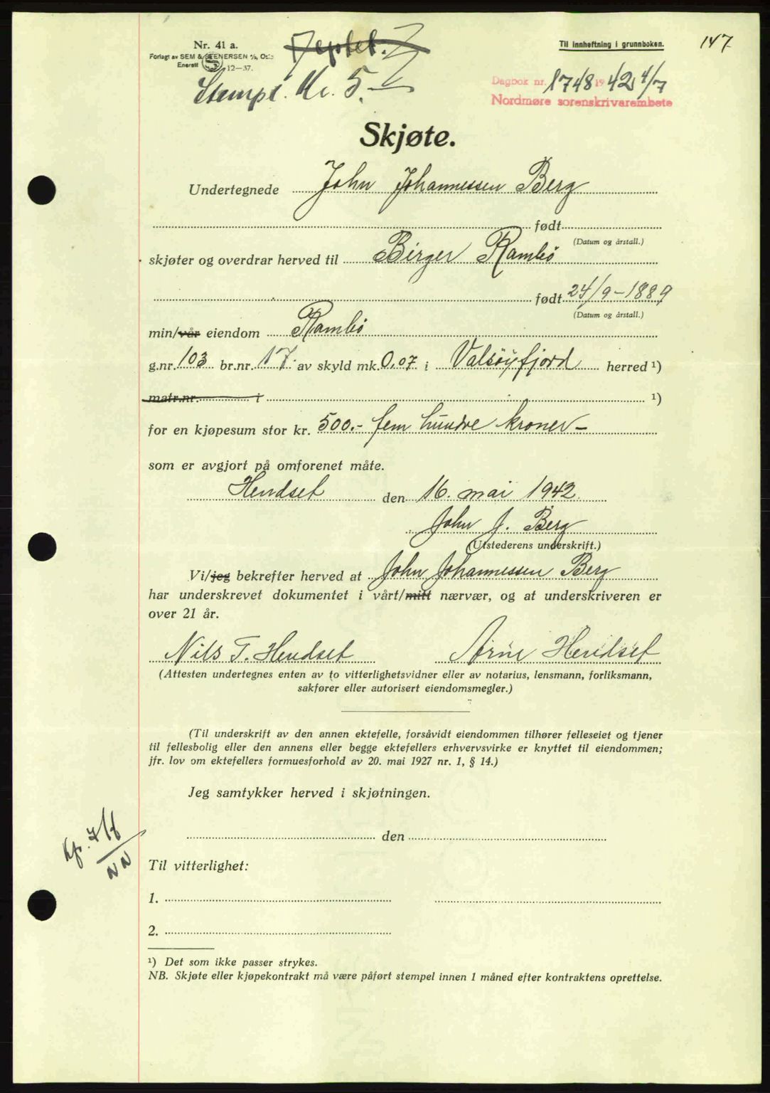 Nordmøre sorenskriveri, AV/SAT-A-4132/1/2/2Ca: Mortgage book no. A93, 1942-1942, Diary no: : 1748/1942