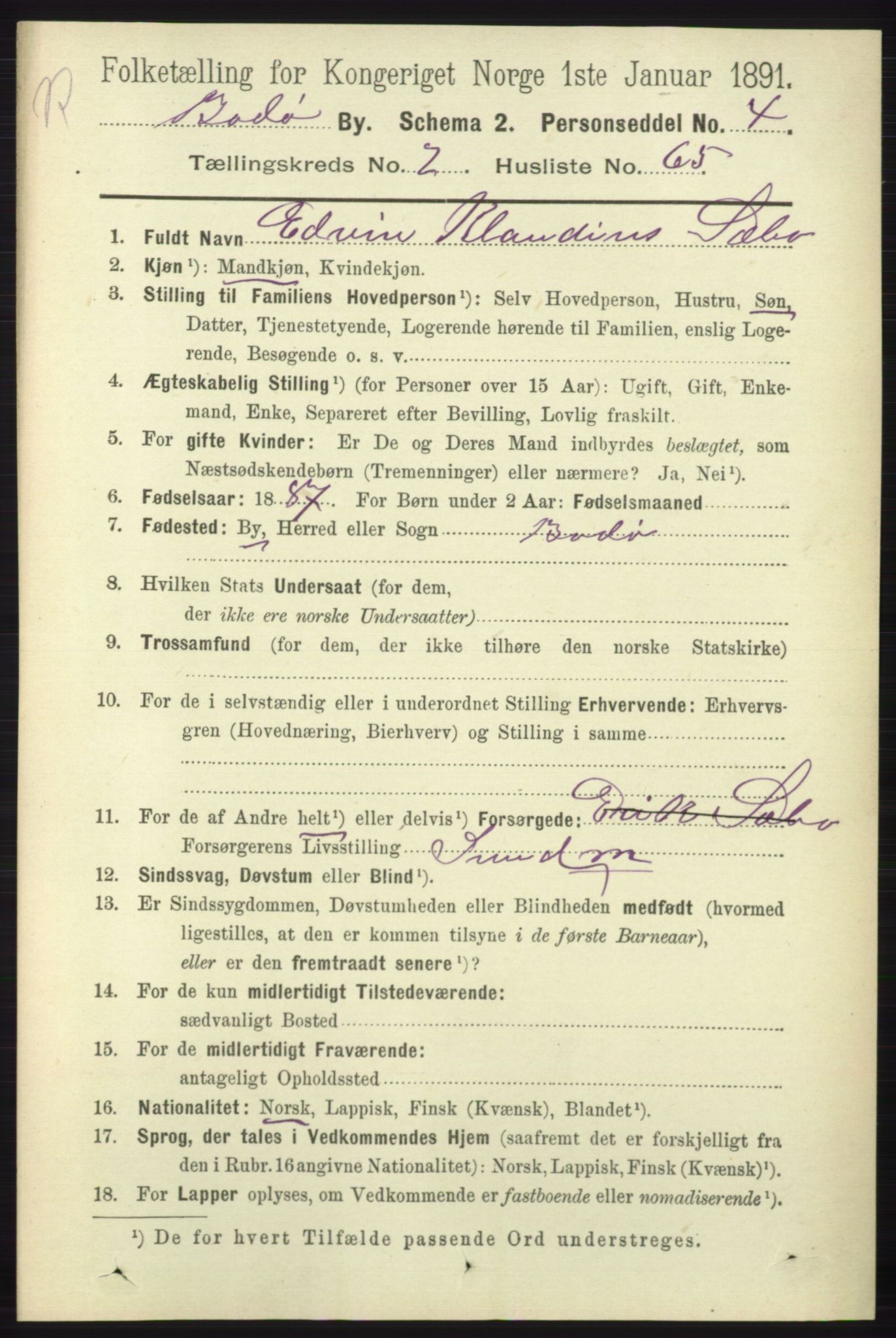 RA, 1891 census for 1804 Bodø, 1891, p. 1827