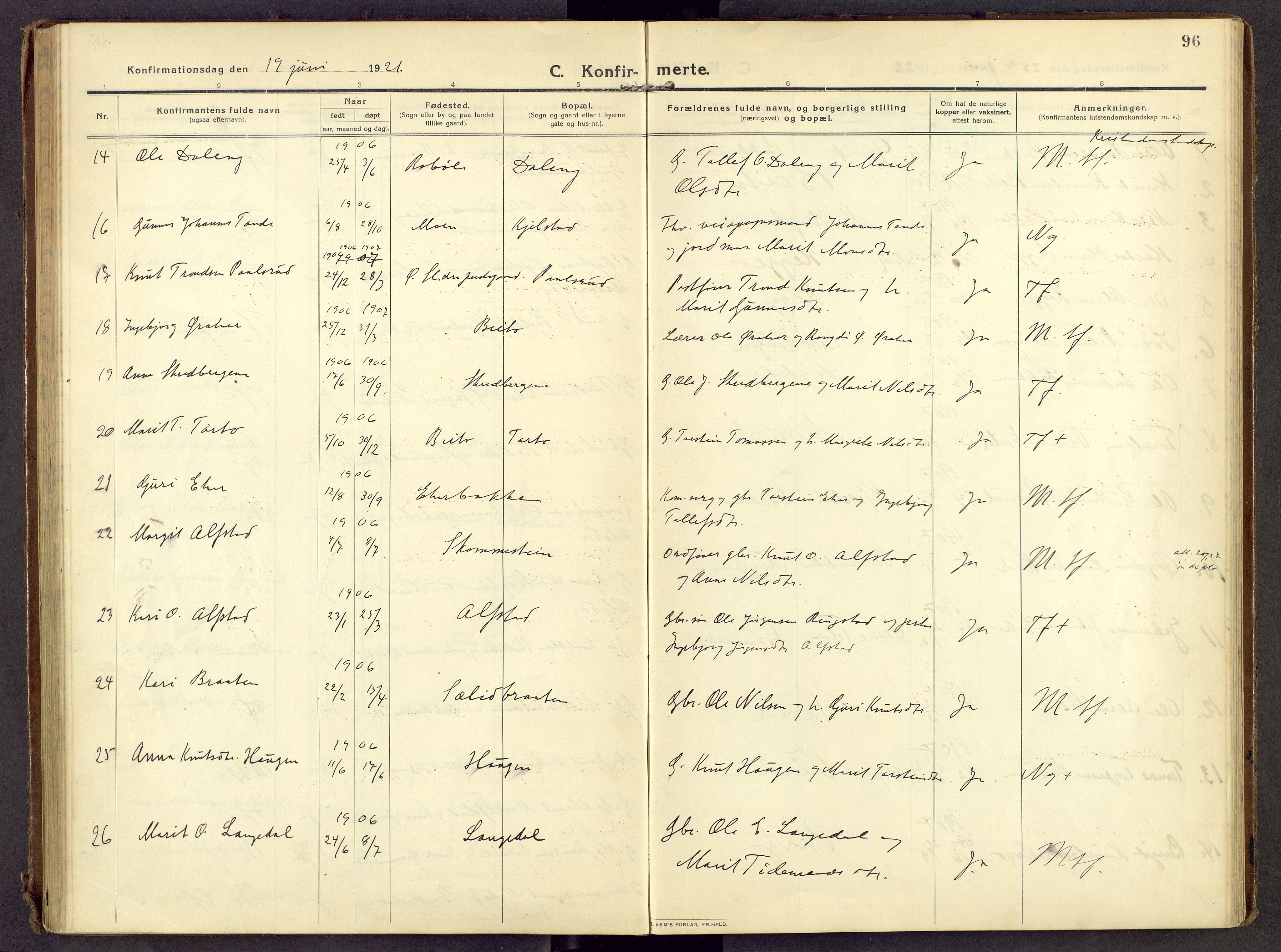 Øystre Slidre prestekontor, AV/SAH-PREST-138/H/Ha/Haa/L0007: Parish register (official) no. 7, 1911-1931, p. 96