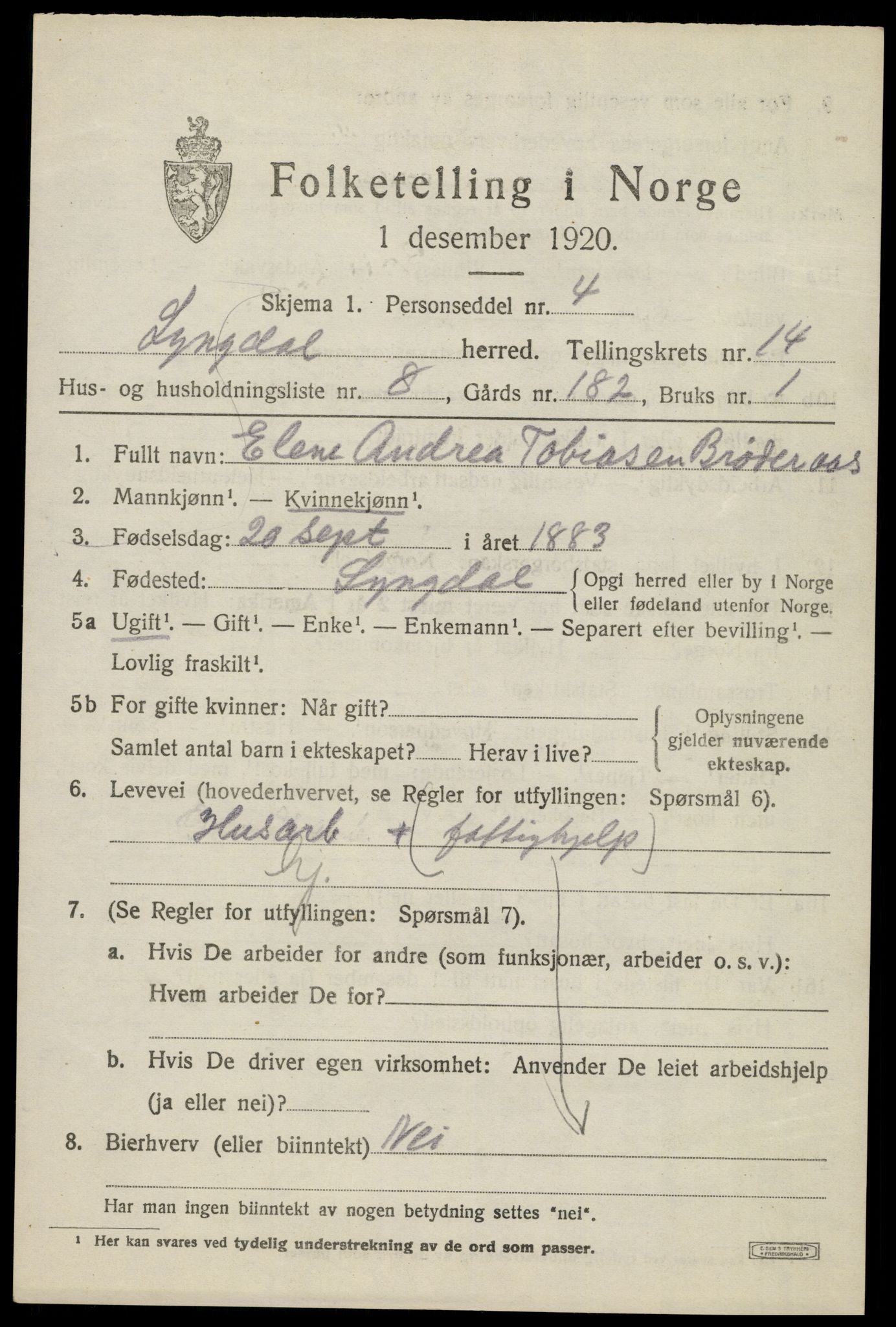 SAK, 1920 census for Lyngdal, 1920, p. 6053