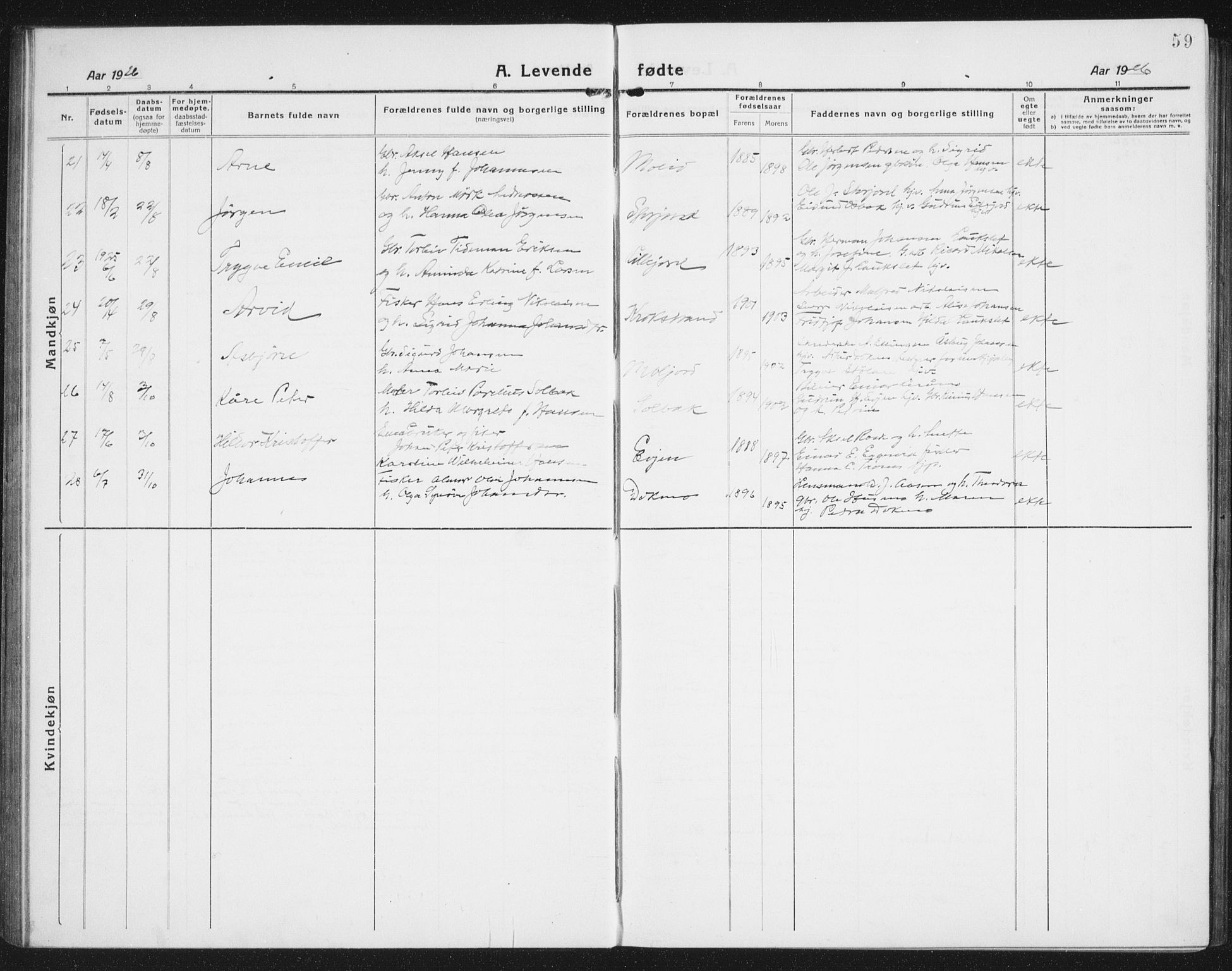 Ministerialprotokoller, klokkerbøker og fødselsregistre - Nordland, AV/SAT-A-1459/846/L0656: Parish register (copy) no. 846C06, 1917-1936, p. 59