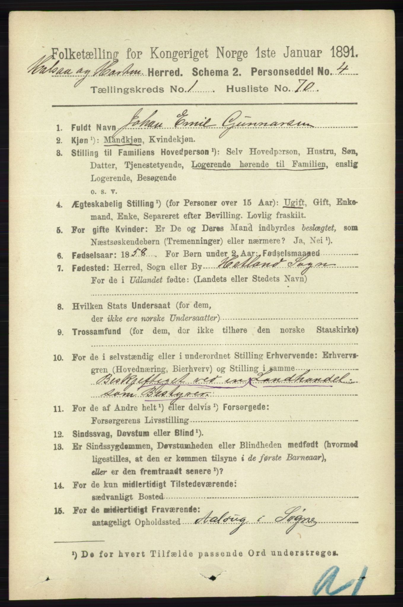 RA, 1891 census for 1019 Halse og Harkmark, 1891, p. 452