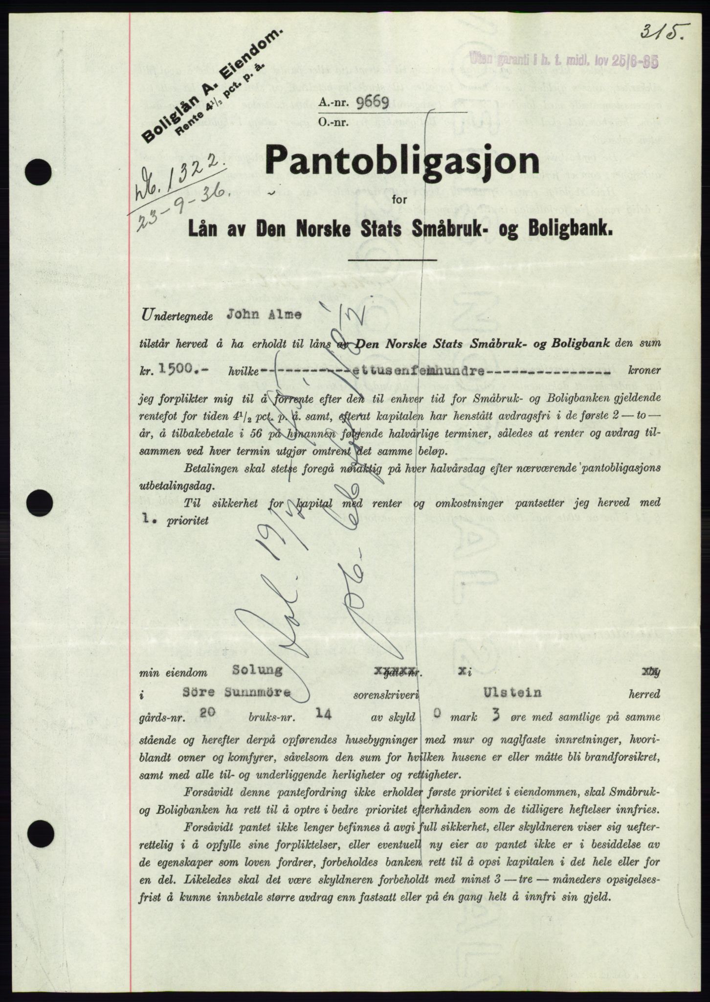 Søre Sunnmøre sorenskriveri, AV/SAT-A-4122/1/2/2C/L0061: Mortgage book no. 55, 1936-1936, Diary no: : 1322/1936