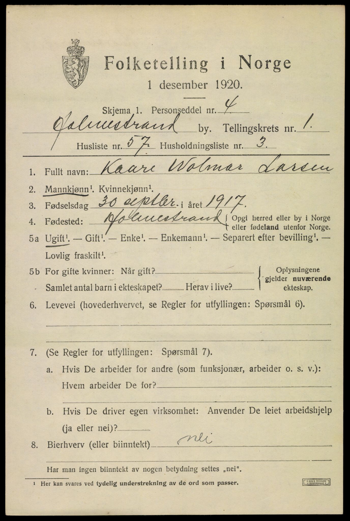 SAKO, 1920 census for Holmestrand, 1920, p. 2554