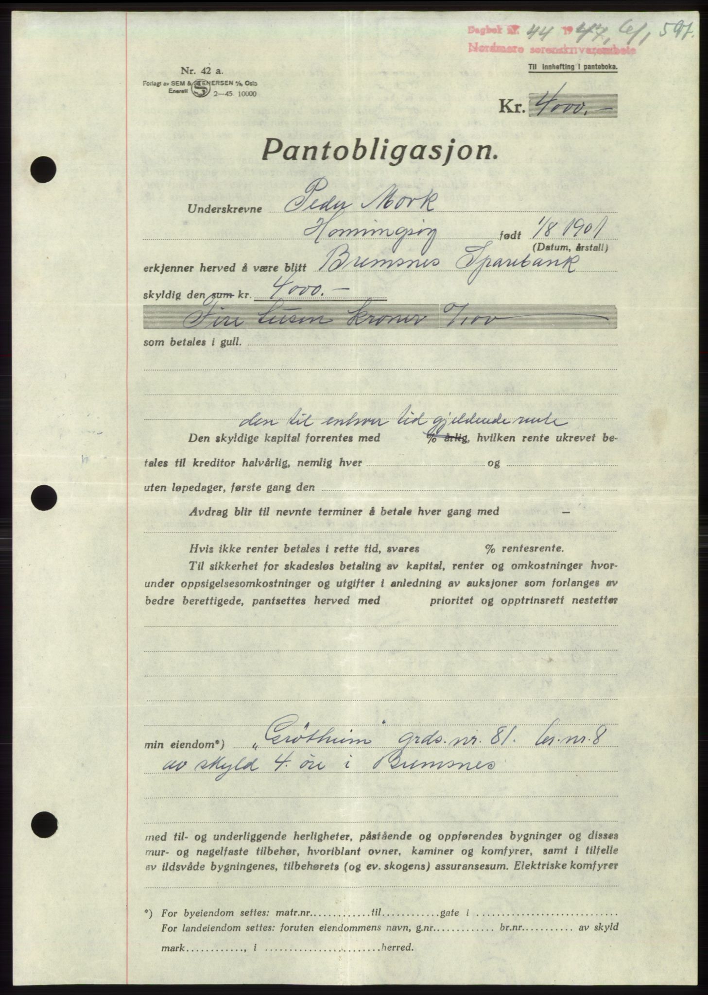 Nordmøre sorenskriveri, AV/SAT-A-4132/1/2/2Ca: Mortgage book no. B95, 1946-1947, Diary no: : 44/1947