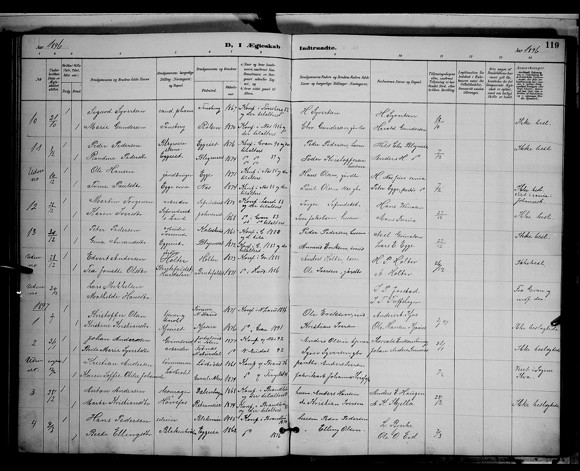 Gran prestekontor, SAH/PREST-112/H/Ha/Hab/L0004: Parish register (copy) no. 4, 1890-1899, p. 119