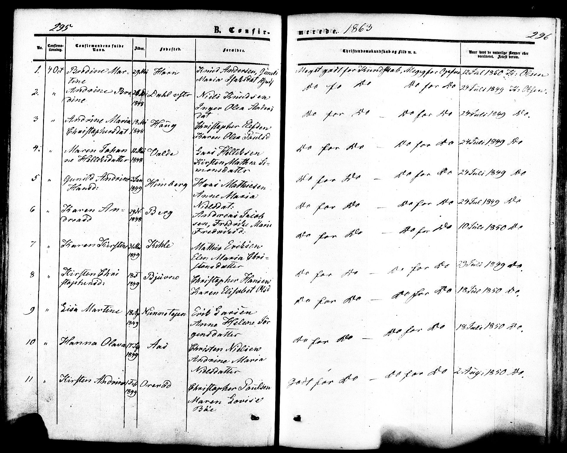 Ramnes kirkebøker, AV/SAKO-A-314/F/Fa/L0006: Parish register (official) no. I 6, 1862-1877, p. 295-296