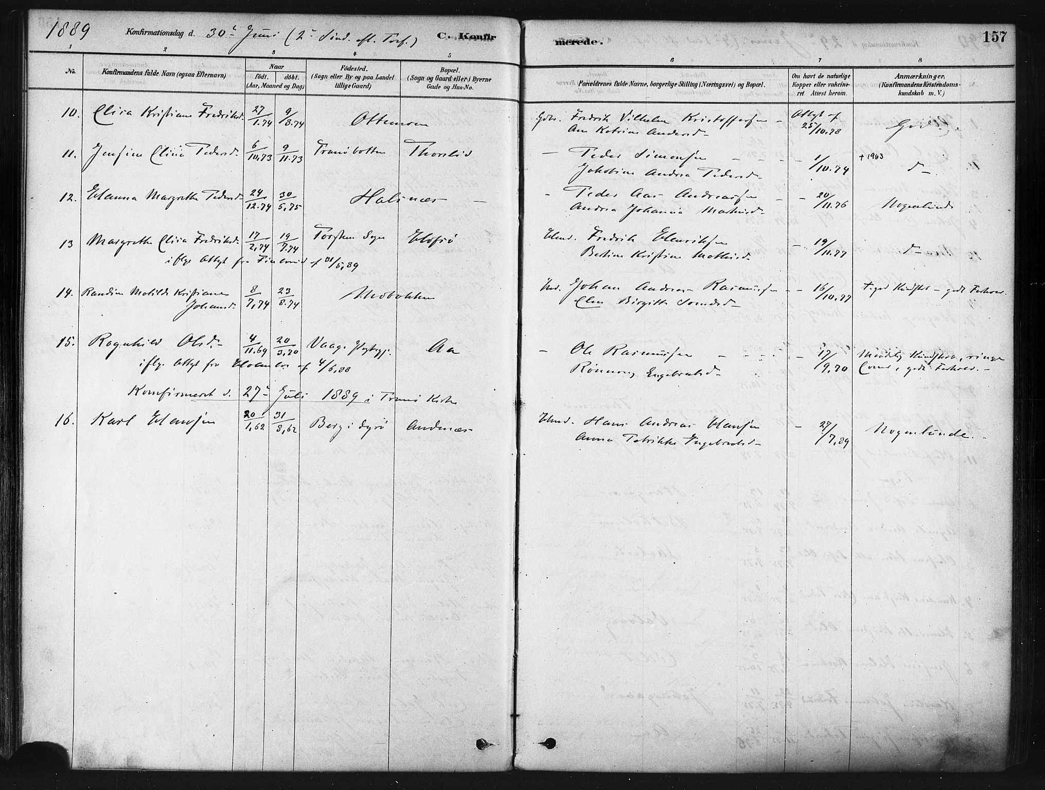 Tranøy sokneprestkontor, SATØ/S-1313/I/Ia/Iaa/L0009kirke: Parish register (official) no. 9, 1878-1904, p. 157