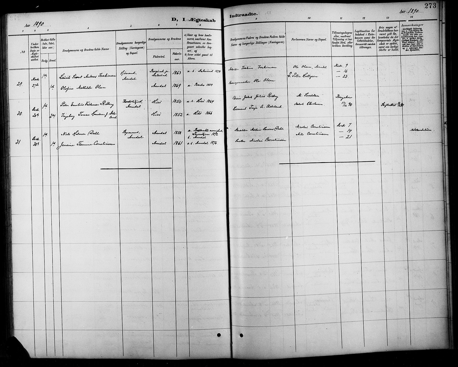 Arendal sokneprestkontor, Trefoldighet, SAK/1111-0040/F/Fb/L0006: Parish register (copy) no. B 6, 1889-1916, p. 273
