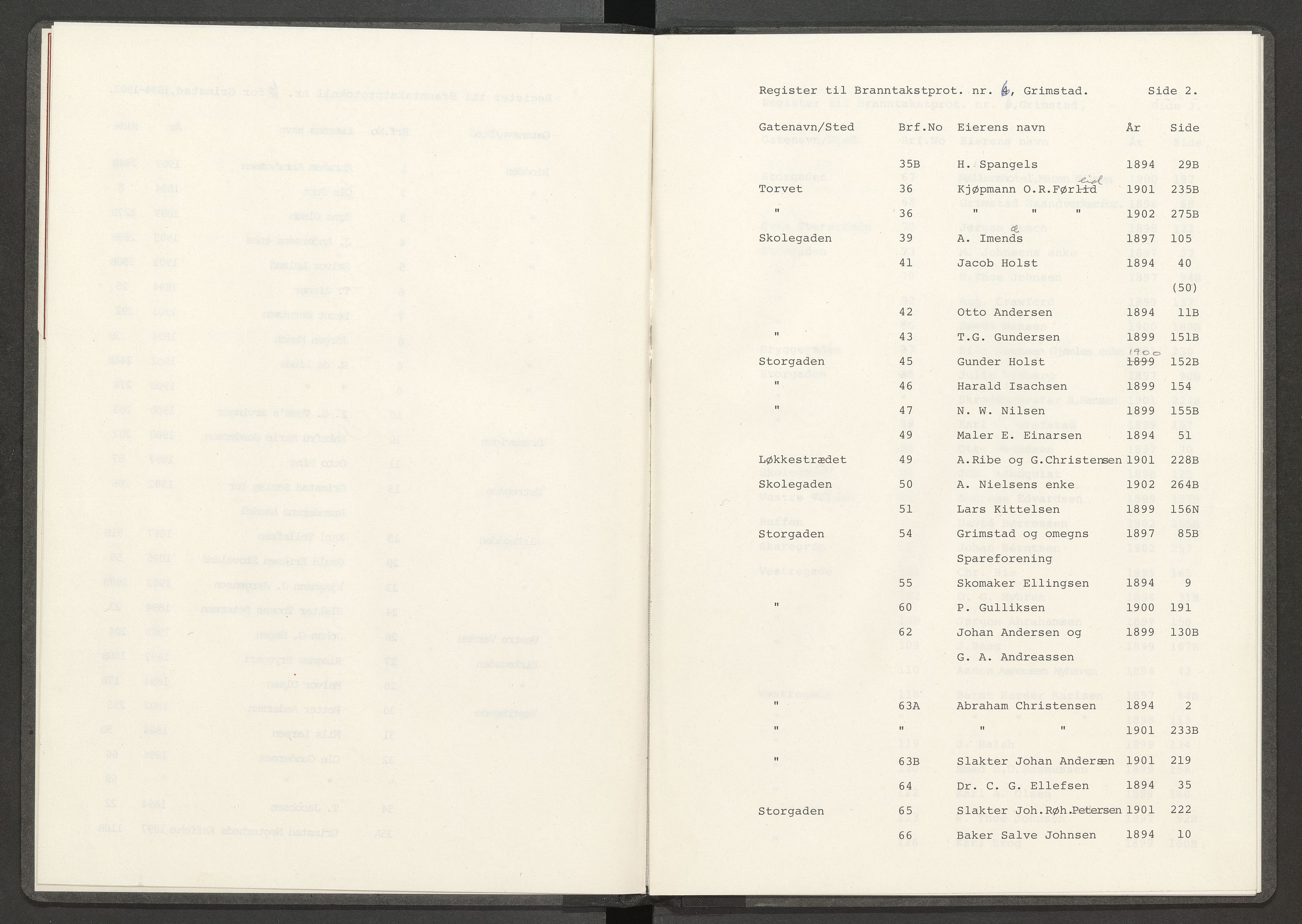 Norges Brannkasse Grimstad, SAK/2241-0018/F/Fa/L0007: Løst register over brannforsikringsnummer og gatenavn til branntakstprotokoll nr. 6, 1894-1903