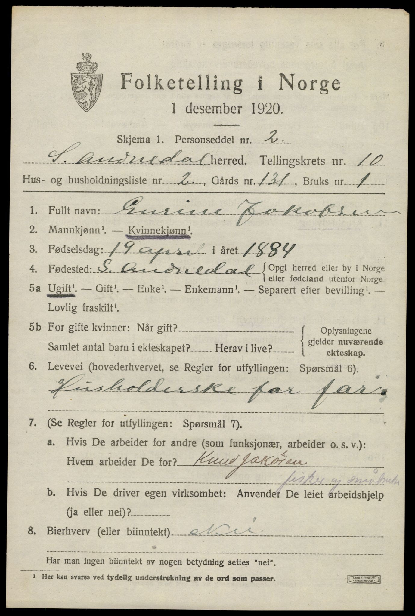 SAK, 1920 census for Sør-Audnedal, 1920, p. 3839