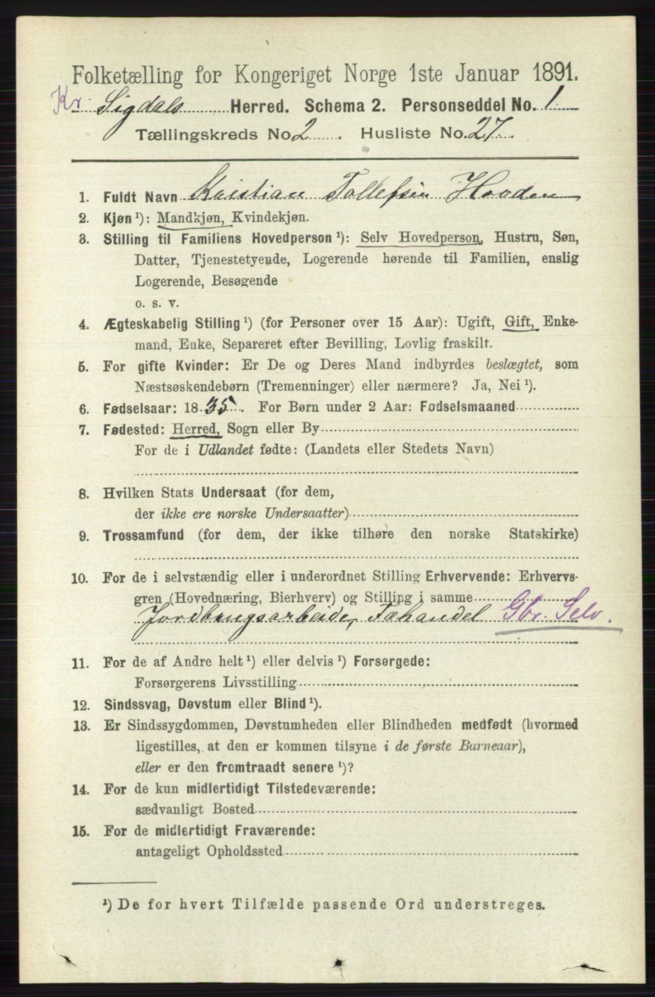 RA, 1891 census for 0621 Sigdal, 1891, p. 5497