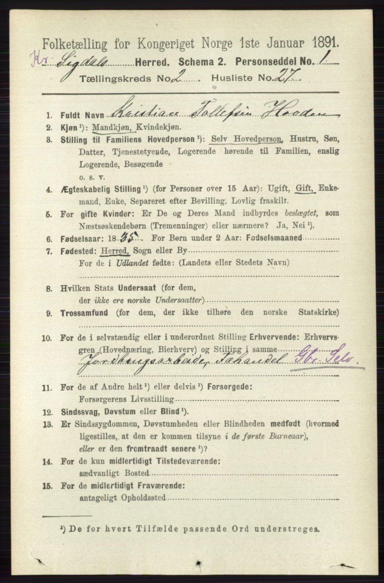 RA, 1891 census for 0621 Sigdal, 1891, p. 5497