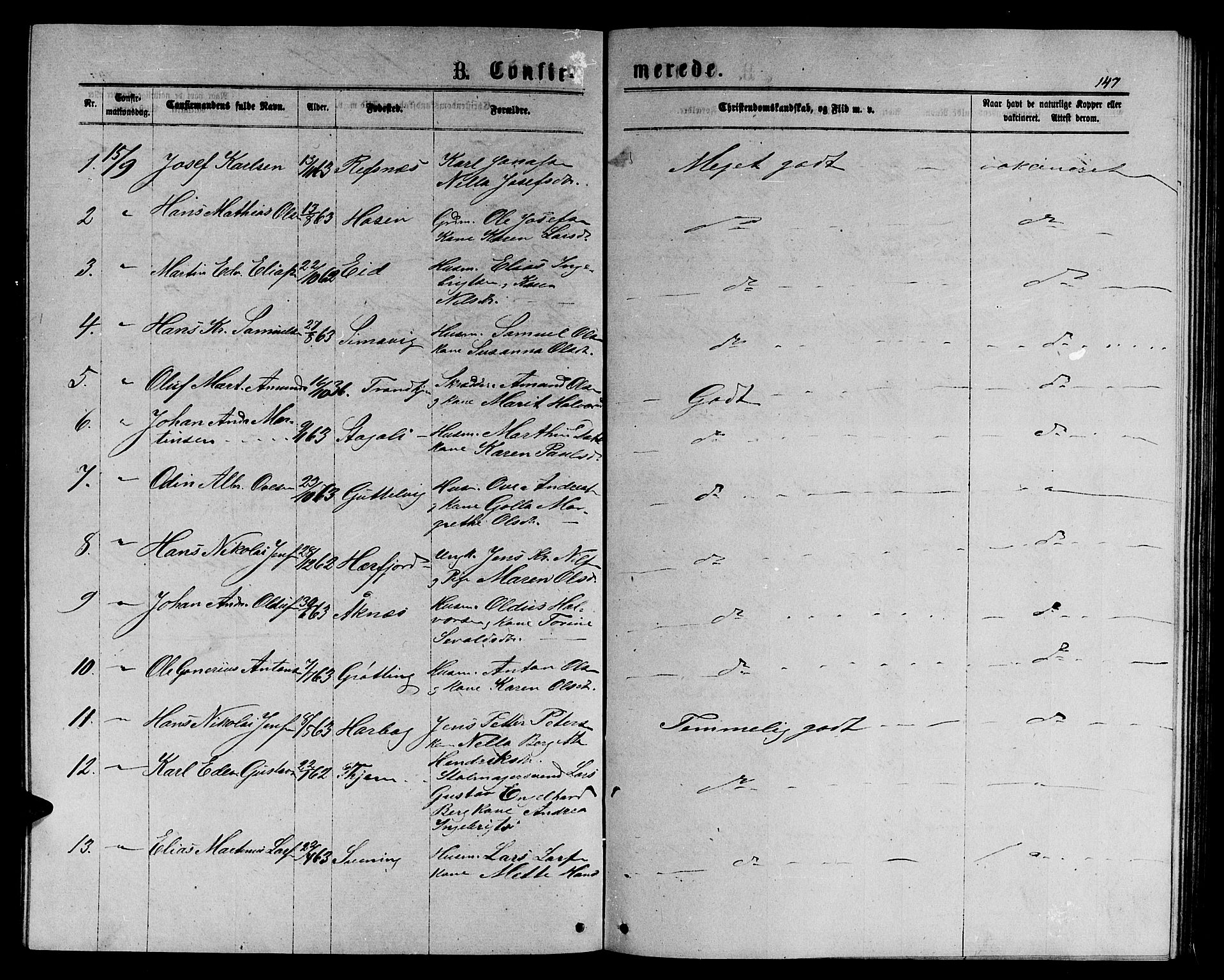 Ministerialprotokoller, klokkerbøker og fødselsregistre - Sør-Trøndelag, SAT/A-1456/656/L0695: Parish register (copy) no. 656C01, 1867-1889, p. 147