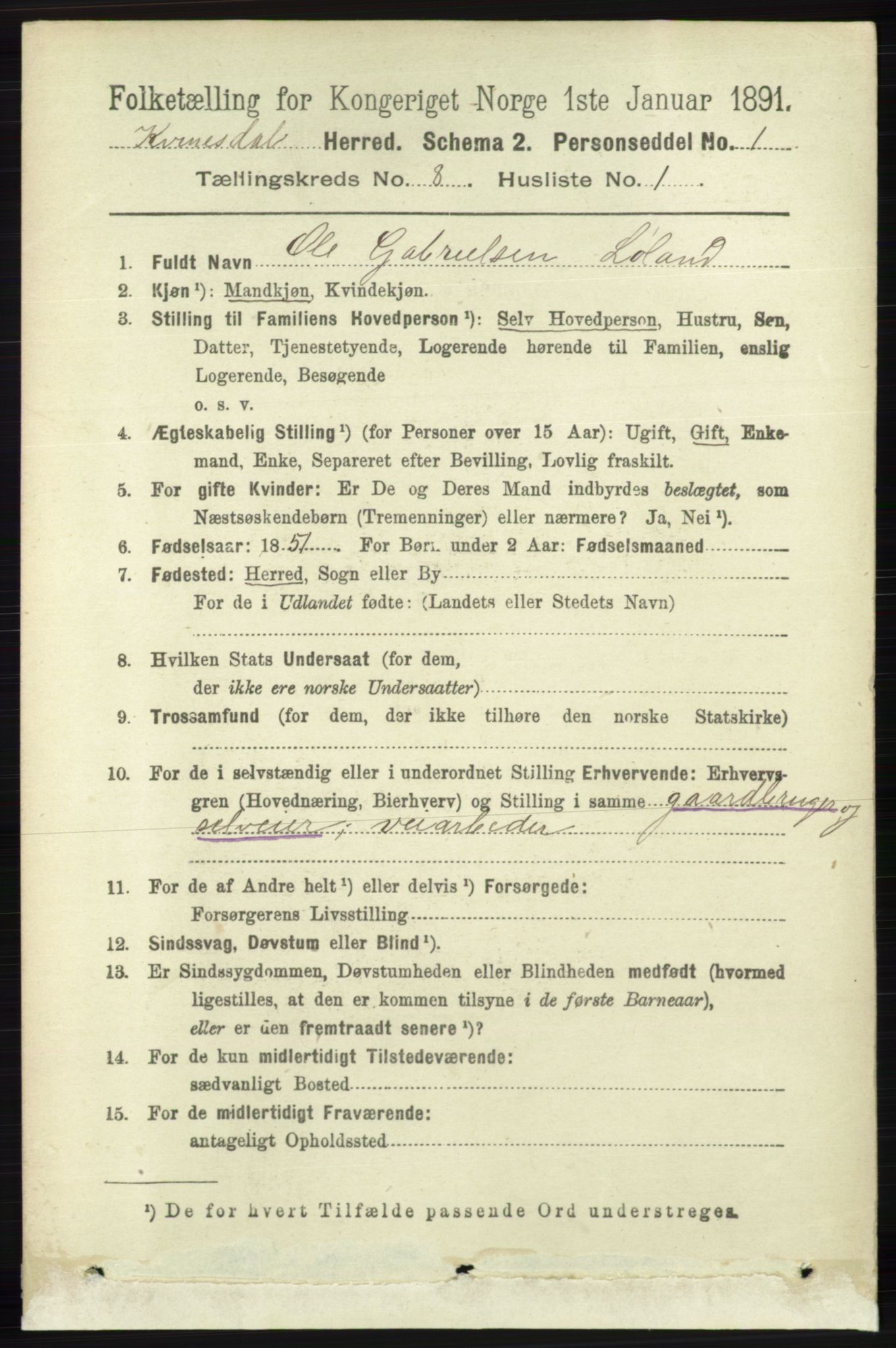 RA, 1891 census for 1037 Kvinesdal, 1891, p. 2767