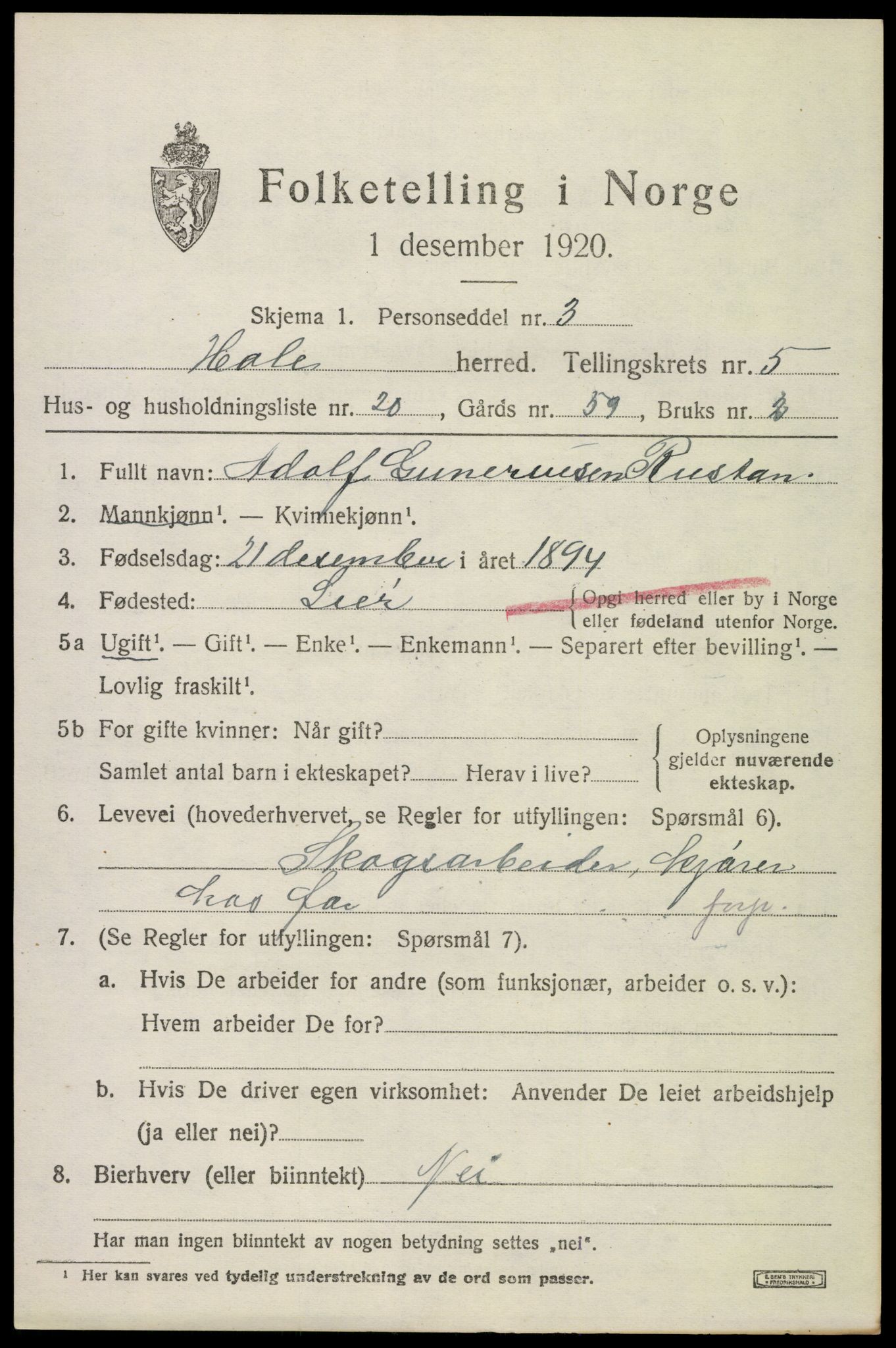 SAKO, 1920 census for Hole, 1920, p. 3541