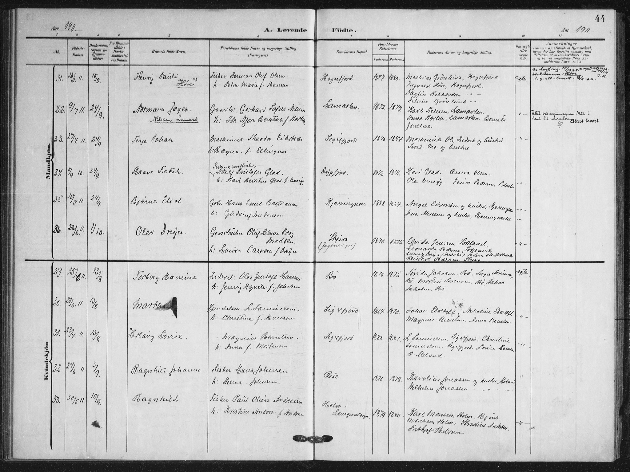 Ministerialprotokoller, klokkerbøker og fødselsregistre - Nordland, AV/SAT-A-1459/895/L1373: Parish register (official) no. 895A08, 1905-1915, p. 44