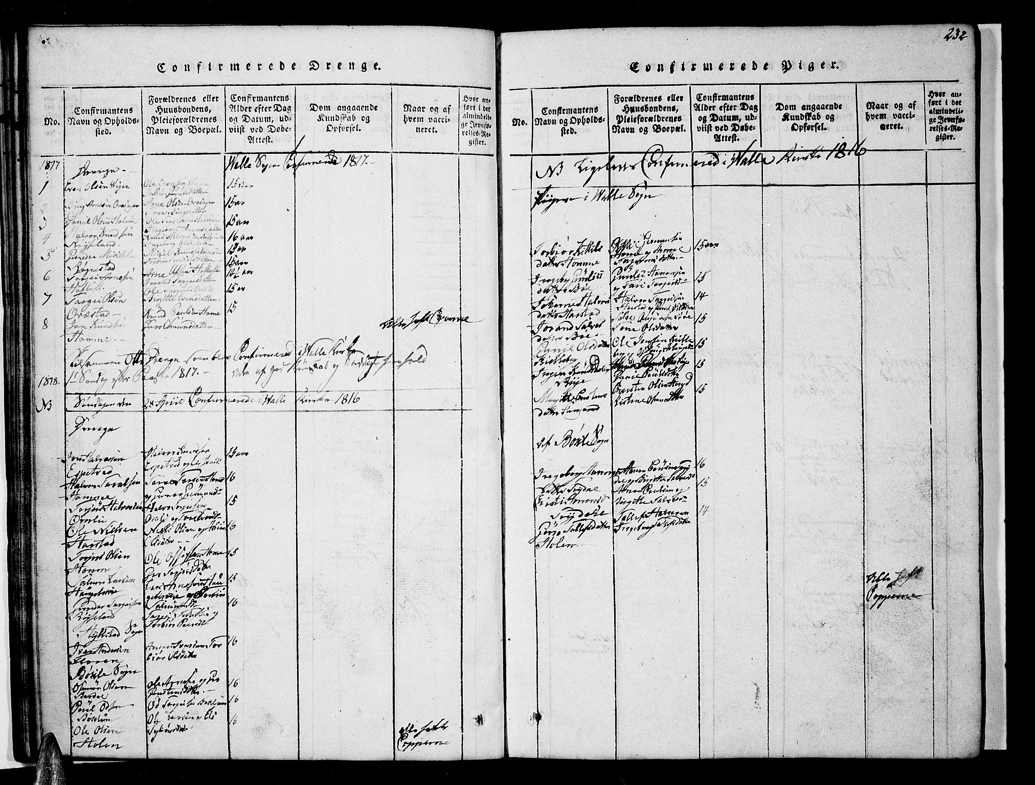 Valle sokneprestkontor, AV/SAK-1111-0044/F/Fb/Fbc/L0001: Parish register (copy) no. B 1 /1, 1816-1829, p. 232