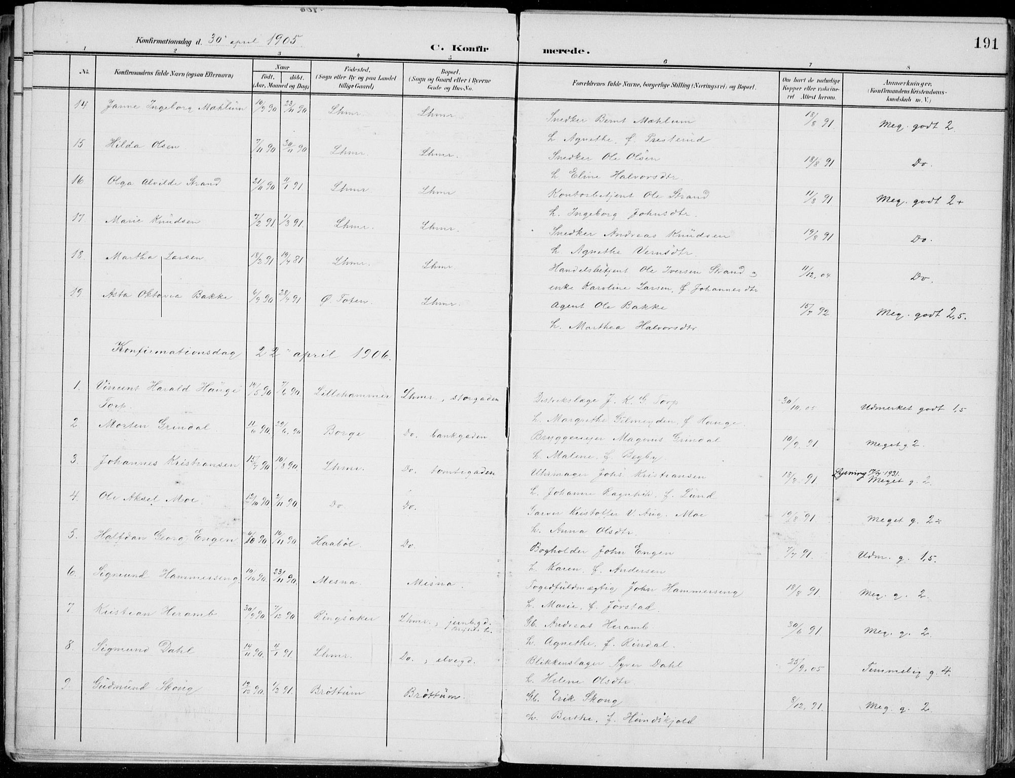 Lillehammer prestekontor, SAH/PREST-088/H/Ha/Haa/L0001: Parish register (official) no. 1, 1901-1916, p. 191