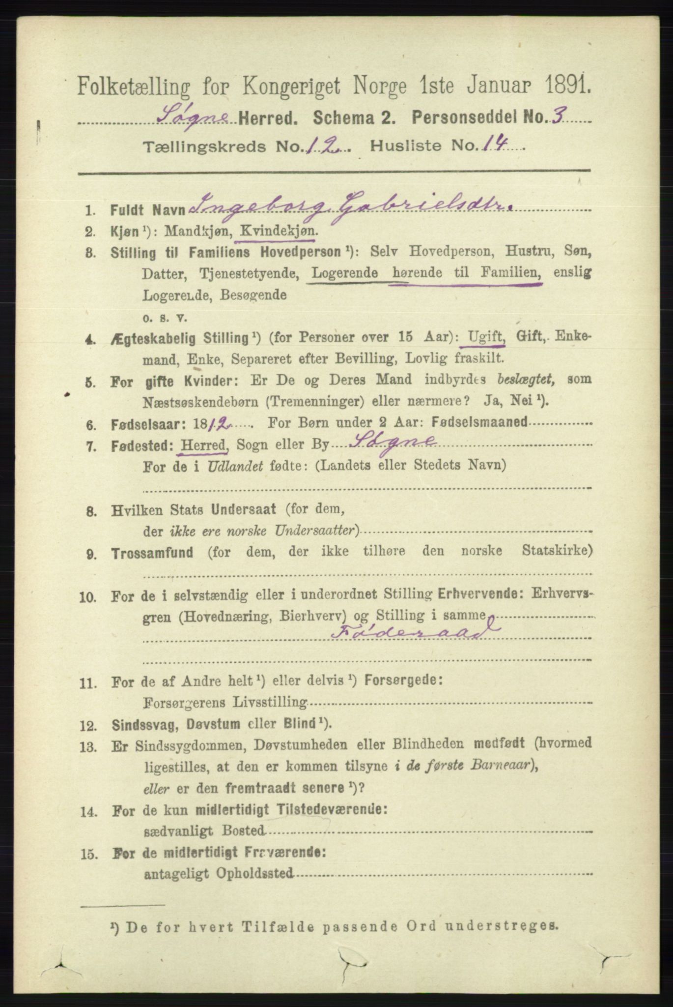 RA, 1891 census for 1018 Søgne, 1891, p. 3185