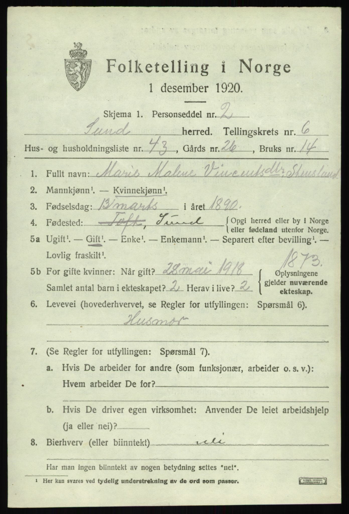 SAB, 1920 census for Sund, 1920, p. 4407