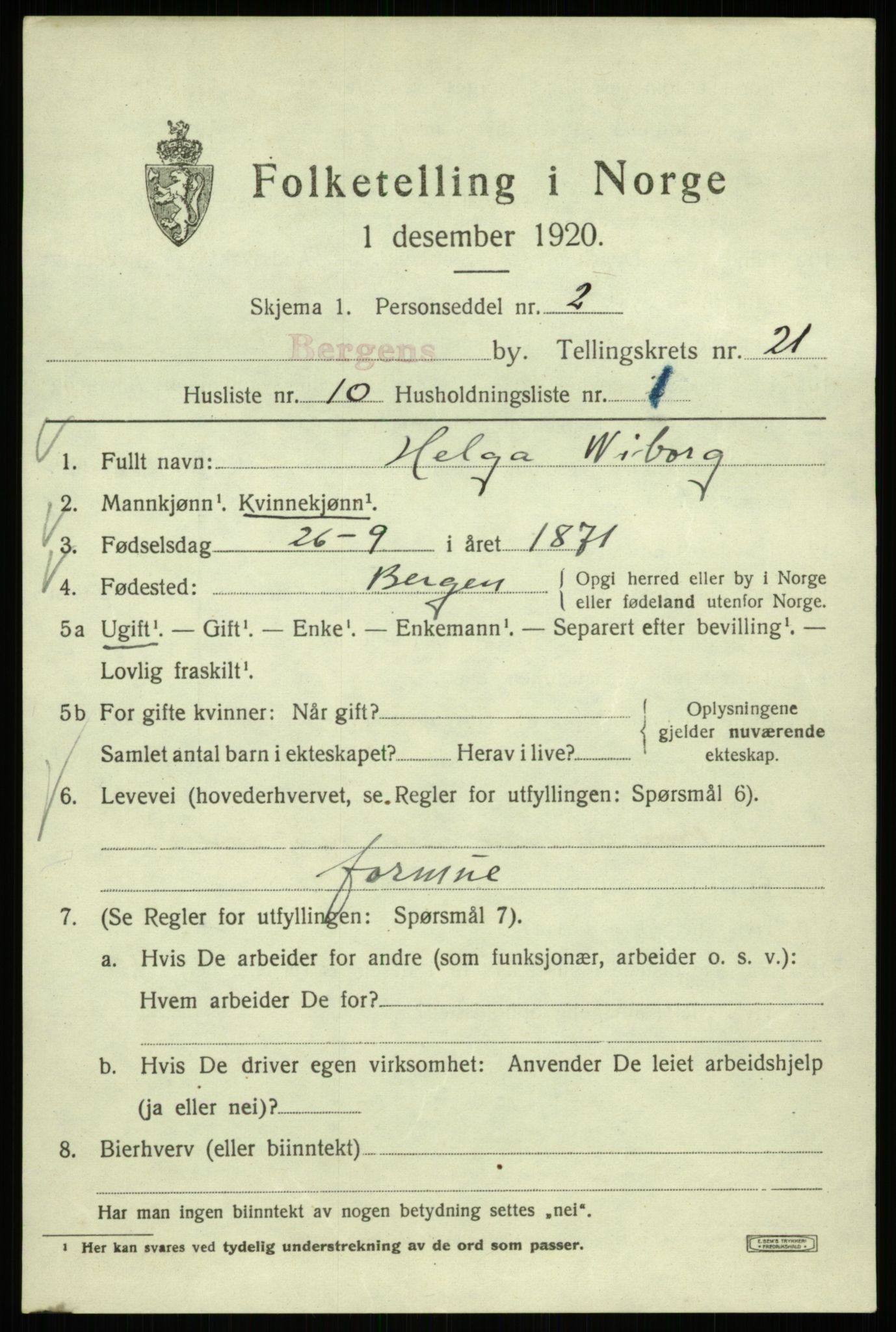 SAB, 1920 census for Bergen, 1920, p. 85057