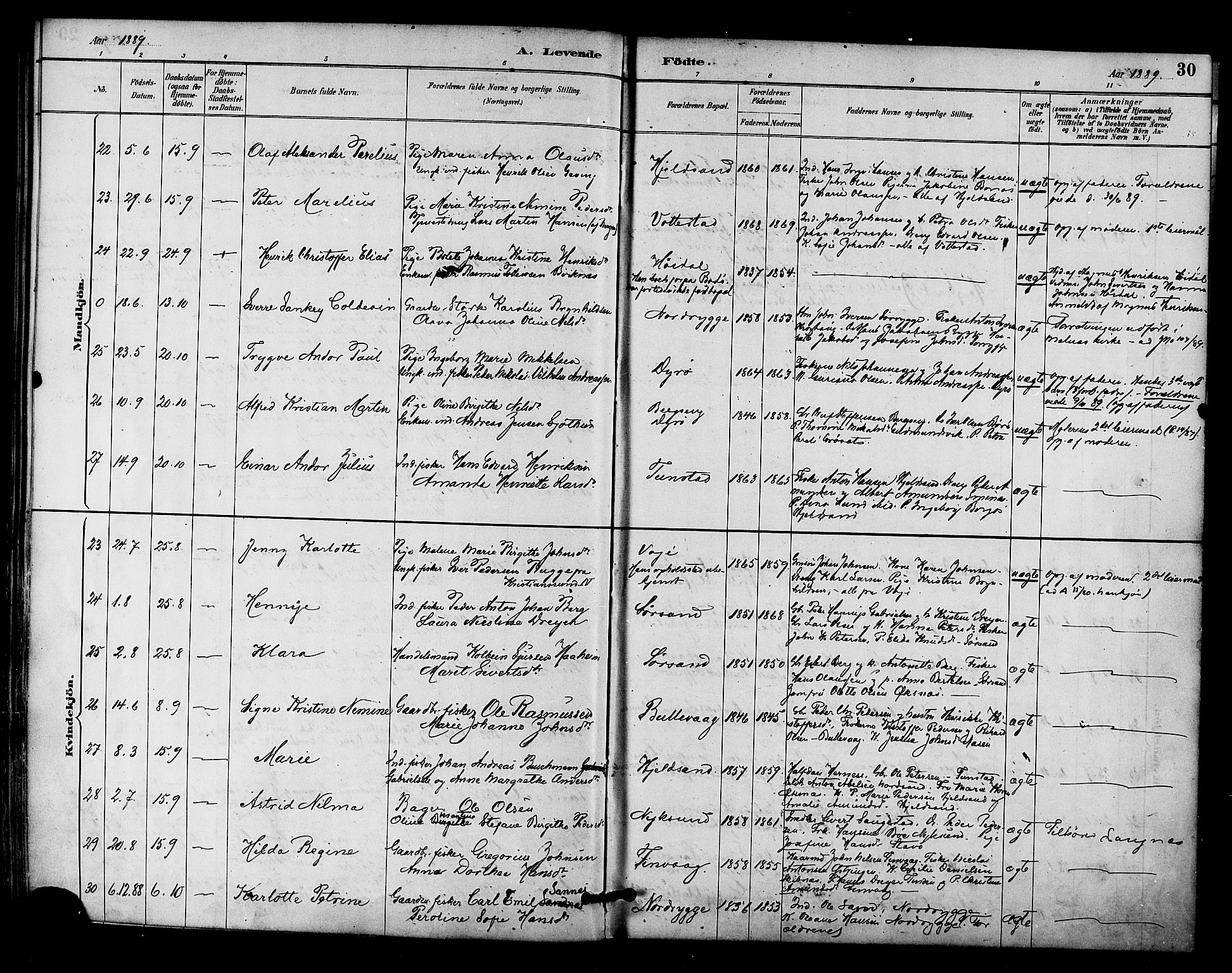 Ministerialprotokoller, klokkerbøker og fødselsregistre - Nordland, SAT/A-1459/893/L1337: Parish register (official) no. 893A09, 1885-1893, p. 30