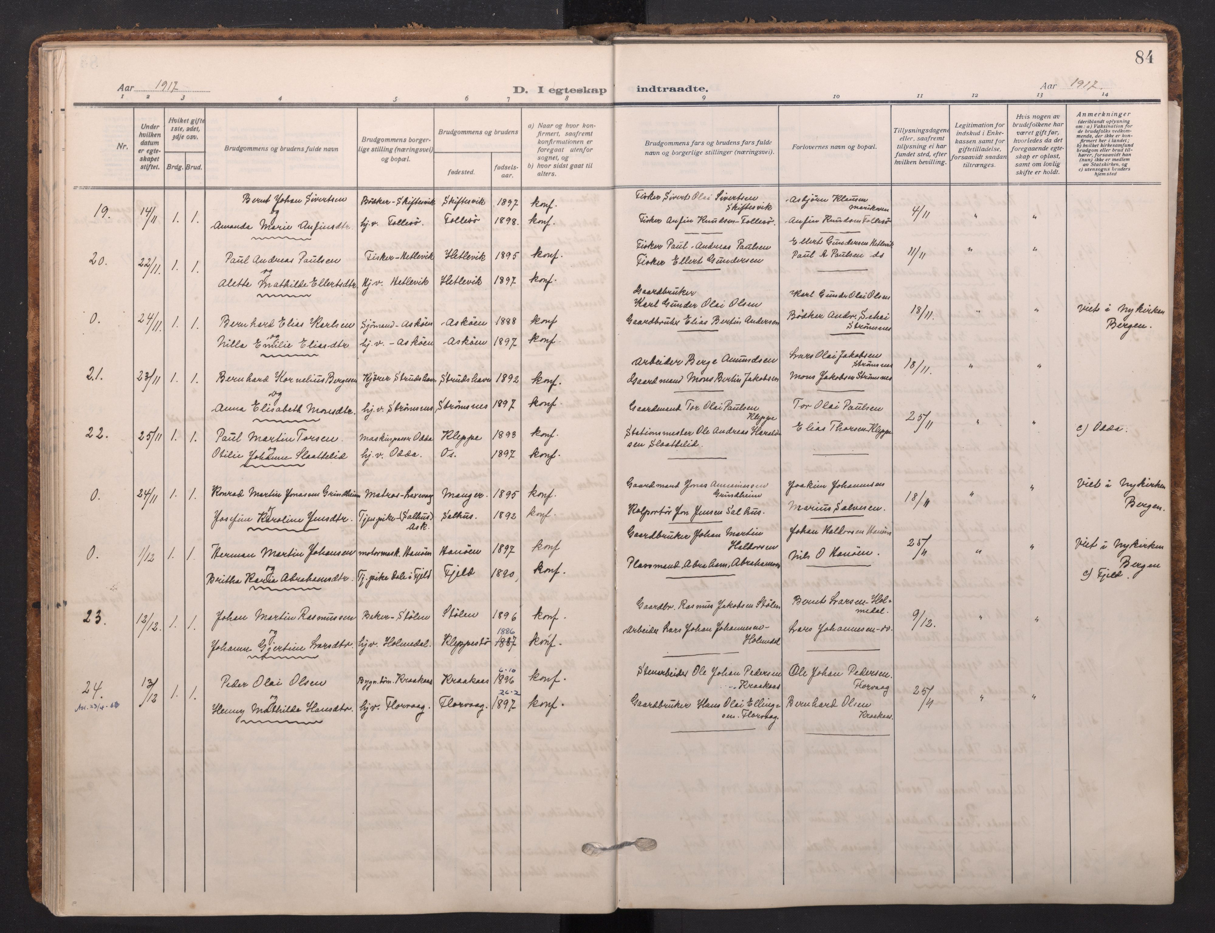 Askøy Sokneprestembete, SAB/A-74101/H/Ha/Haa/Haad/L0002: Parish register (official) no. D 2, 1915-1935, p. 84