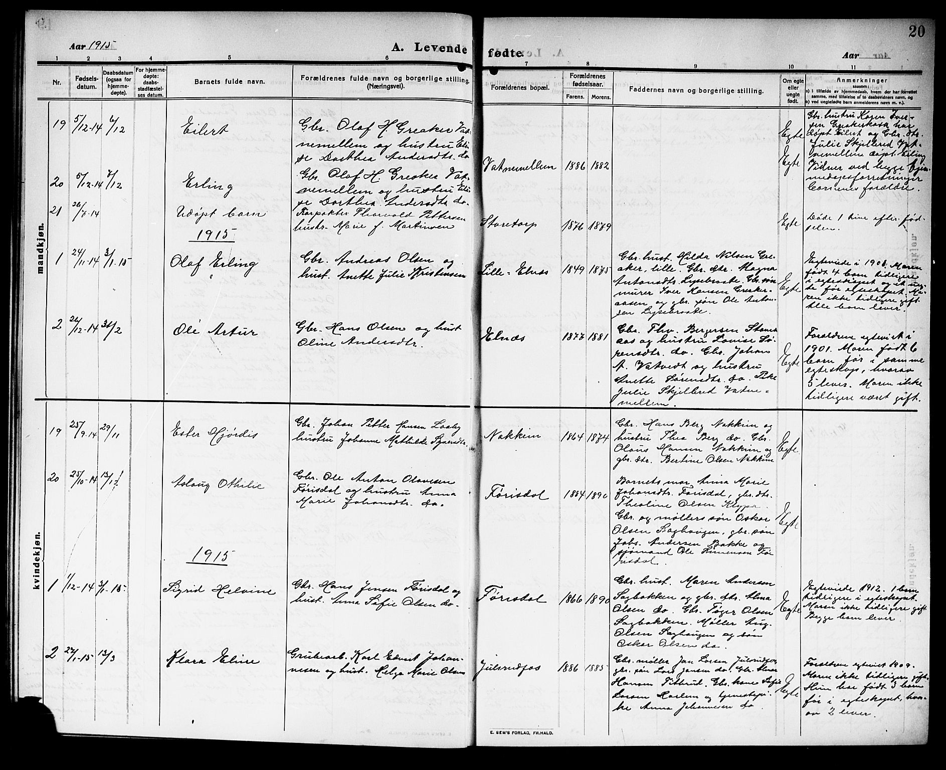 Rakkestad prestekontor Kirkebøker, AV/SAO-A-2008/G/Gb/L0002: Parish register (copy) no. II 2, 1909-1920, p. 20