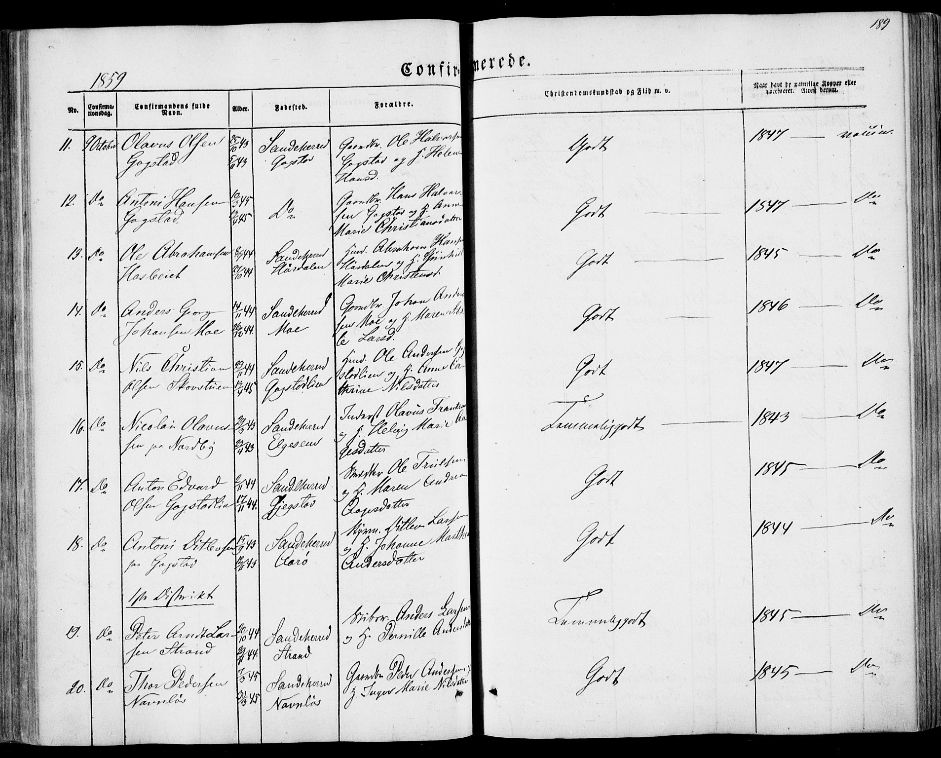 Sandar kirkebøker, SAKO/A-243/F/Fa/L0007: Parish register (official) no. 7, 1855-1861, p. 189