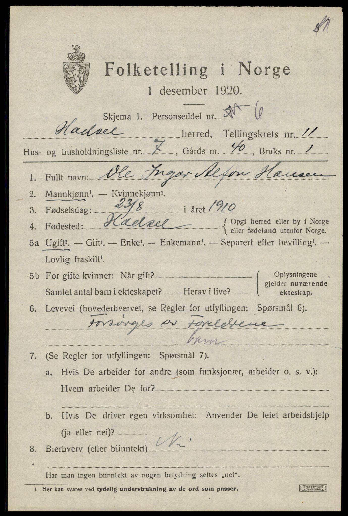 SAT, 1920 census for Hadsel, 1920, p. 8776