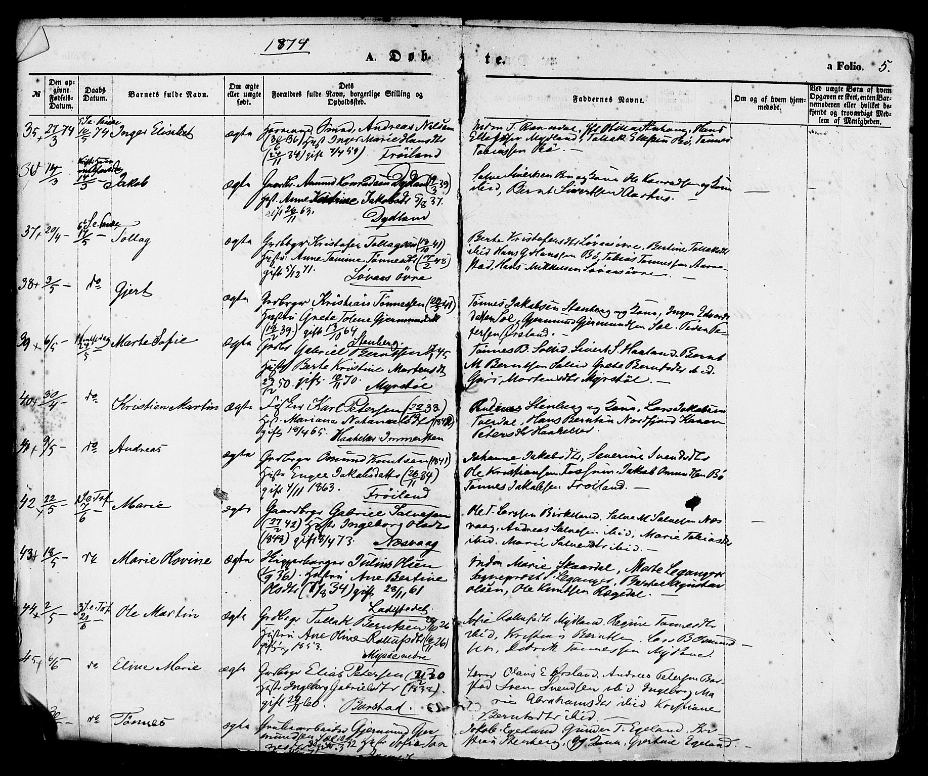 Sokndal sokneprestkontor, AV/SAST-A-101808: Parish register (official) no. A 10, 1874-1886, p. 5