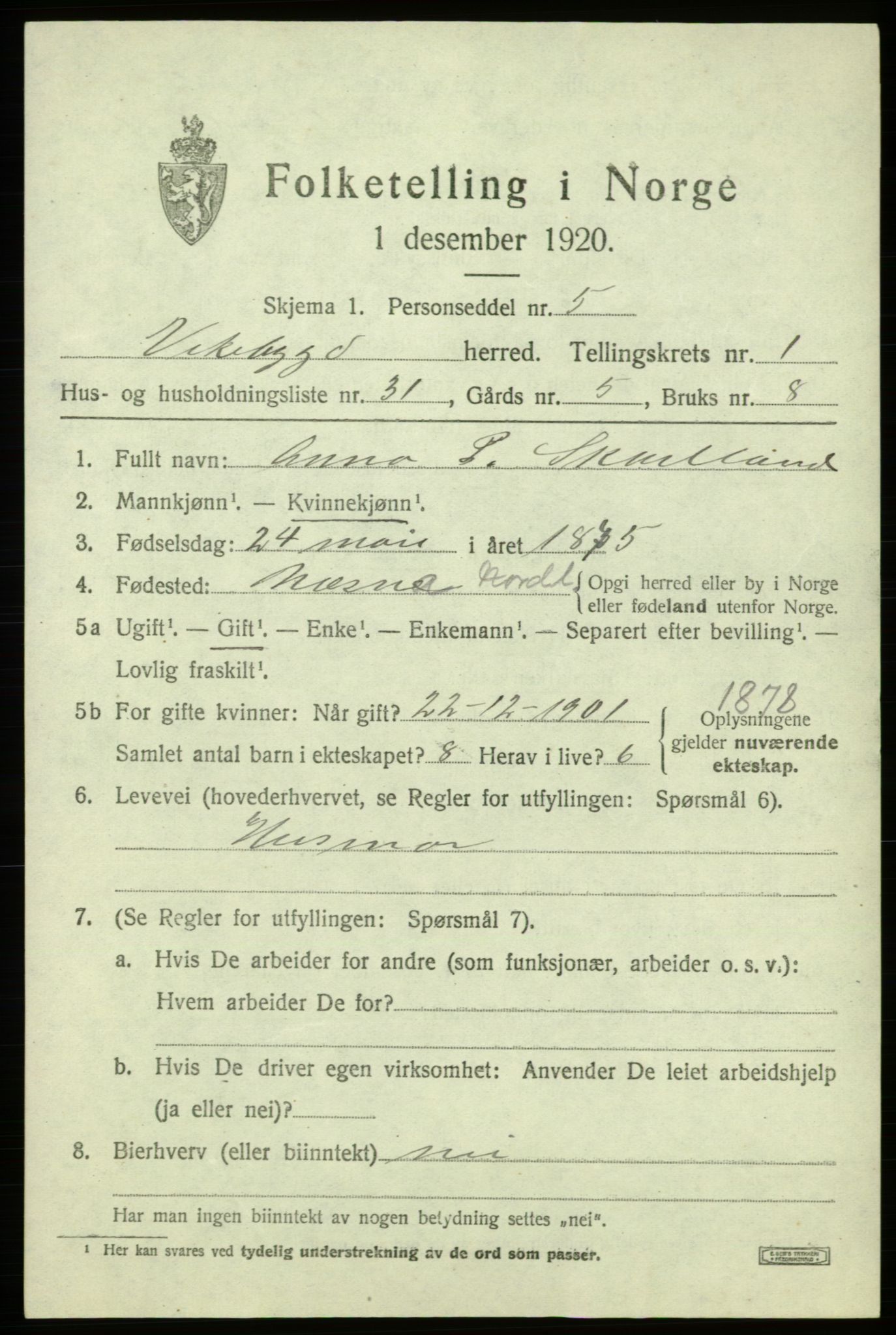 SAB, 1920 census for Vikebygd, 1920, p. 815